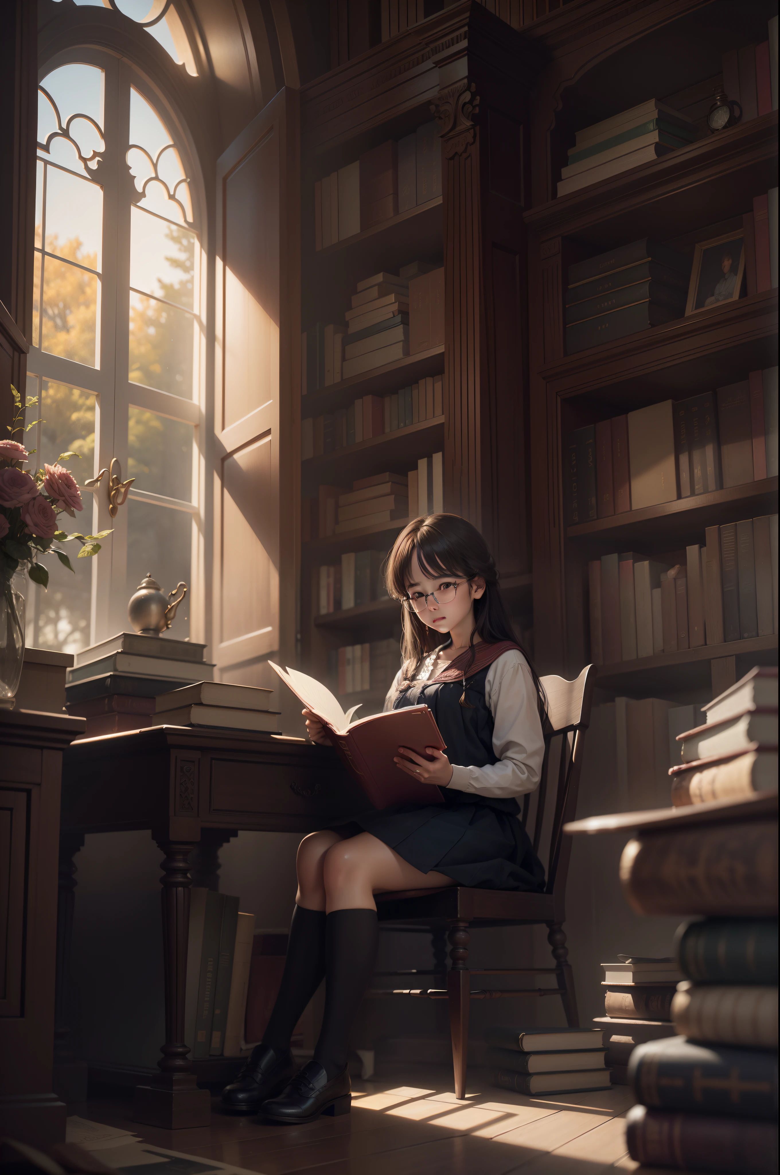 Arafed image of a girl sitting in a chair reading a book - SeaArt AI