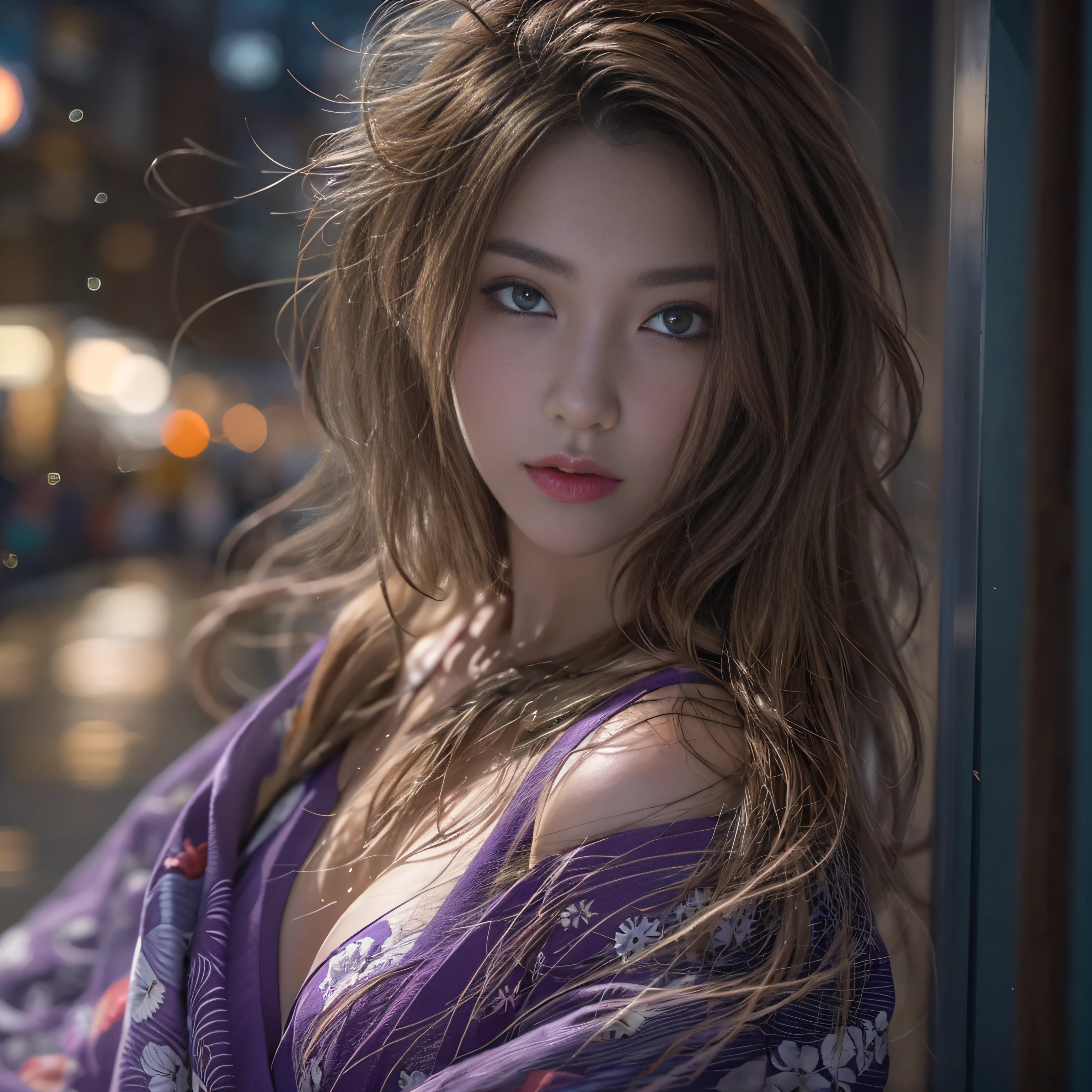 ((Realistic lighting, of the highest quality, 8K, masutepiece: 1.3)), Clear focus: 1.2, One Woman, Perfect Body Beauty: 1.4, Slim abs: 1.1, ((light brown hair, Big: 1.3)), (Acceleration: 1.4), (plein air, Night: 1.1), Street, Slender face, Narrow eyes, Double eyelids, Exposed cleavage, hair messy, Floating hair, Purple kimono, Fashion Model Pose, Big Breast,