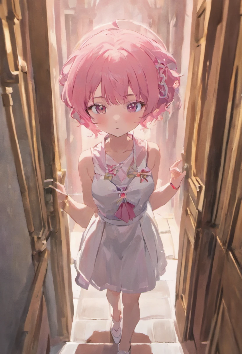Masterpiece, best quality, super detailed, illustration, beautiful detailed eyes, close up, 1 girl, pink hair, white dress, villa doorway, standing position, face down