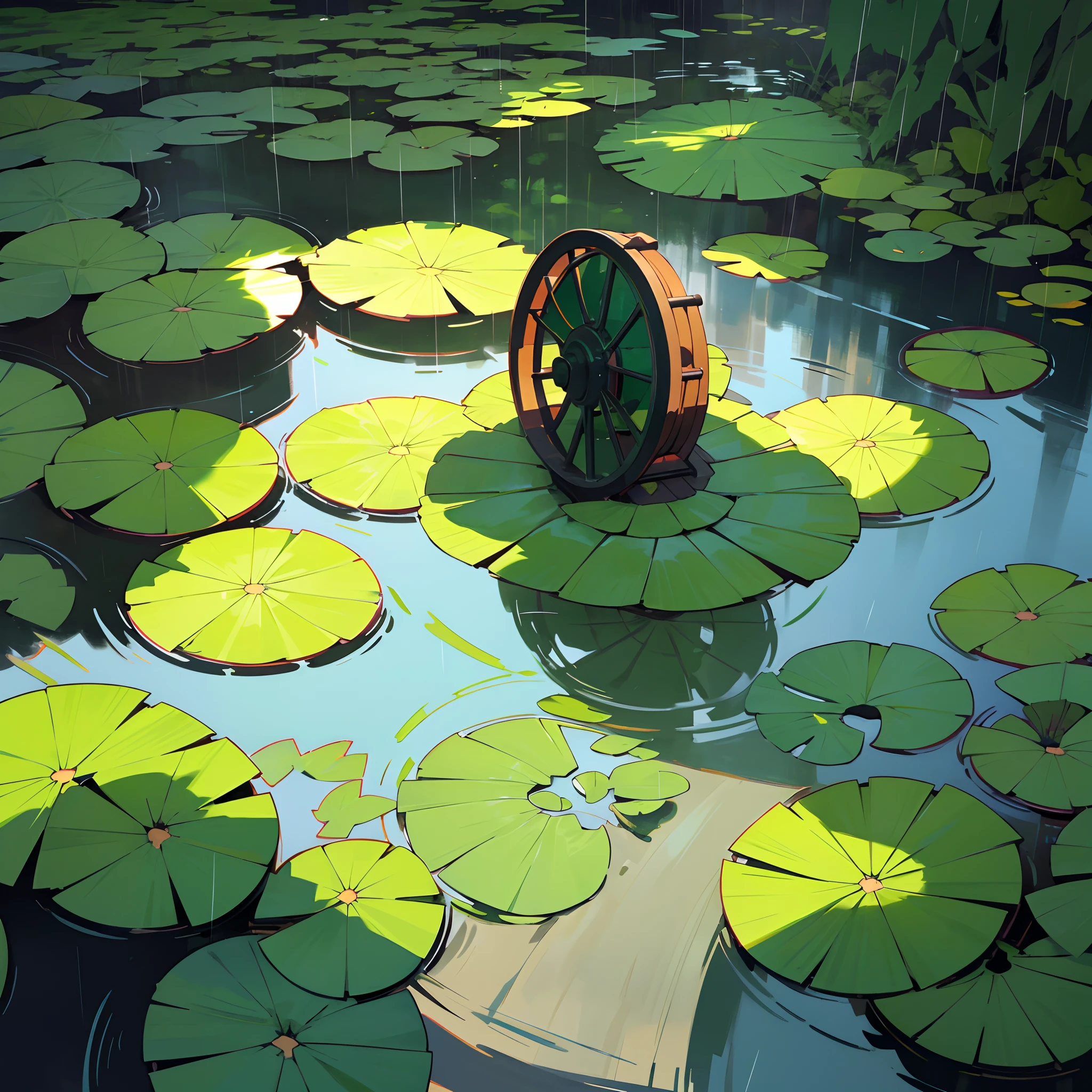 (It is raining heavily), there are lotus leaves in the quiet pond, the waterwheel is turning, there are willow leaves hanging from the top of the screen, high-definition illustrations, detailed shadows, emerald green, scarlet, crimson, various colors,