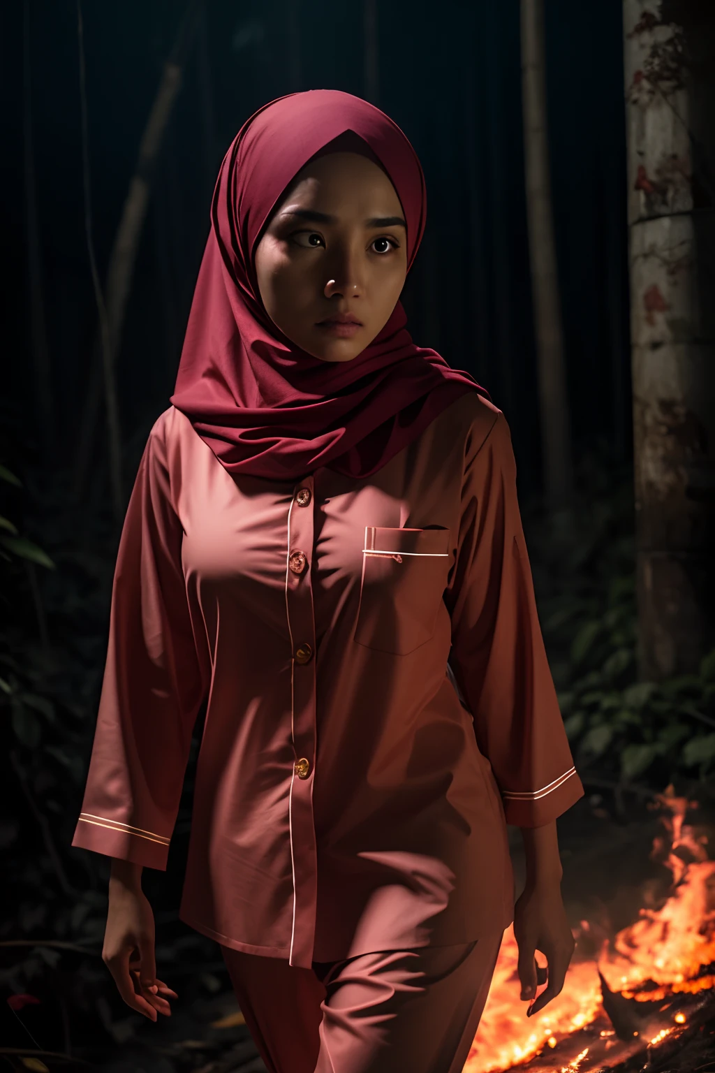 ung beautiful malay girl in hijab and wear cotton pyjamas walking at the burning jungle, photography, sad expression, portrait, fire burning, big fire burning jungle, nighttime, portrait photography, ultra detail face, 4k, professional photography, closeup,