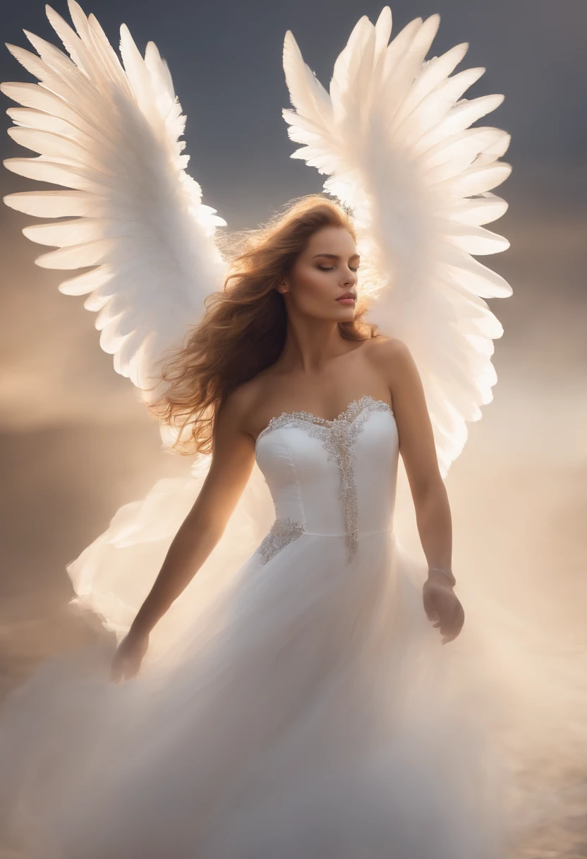 Anjo, masculine-looking, three pairs of white wings, cabelos brancos flutuando perto do sol