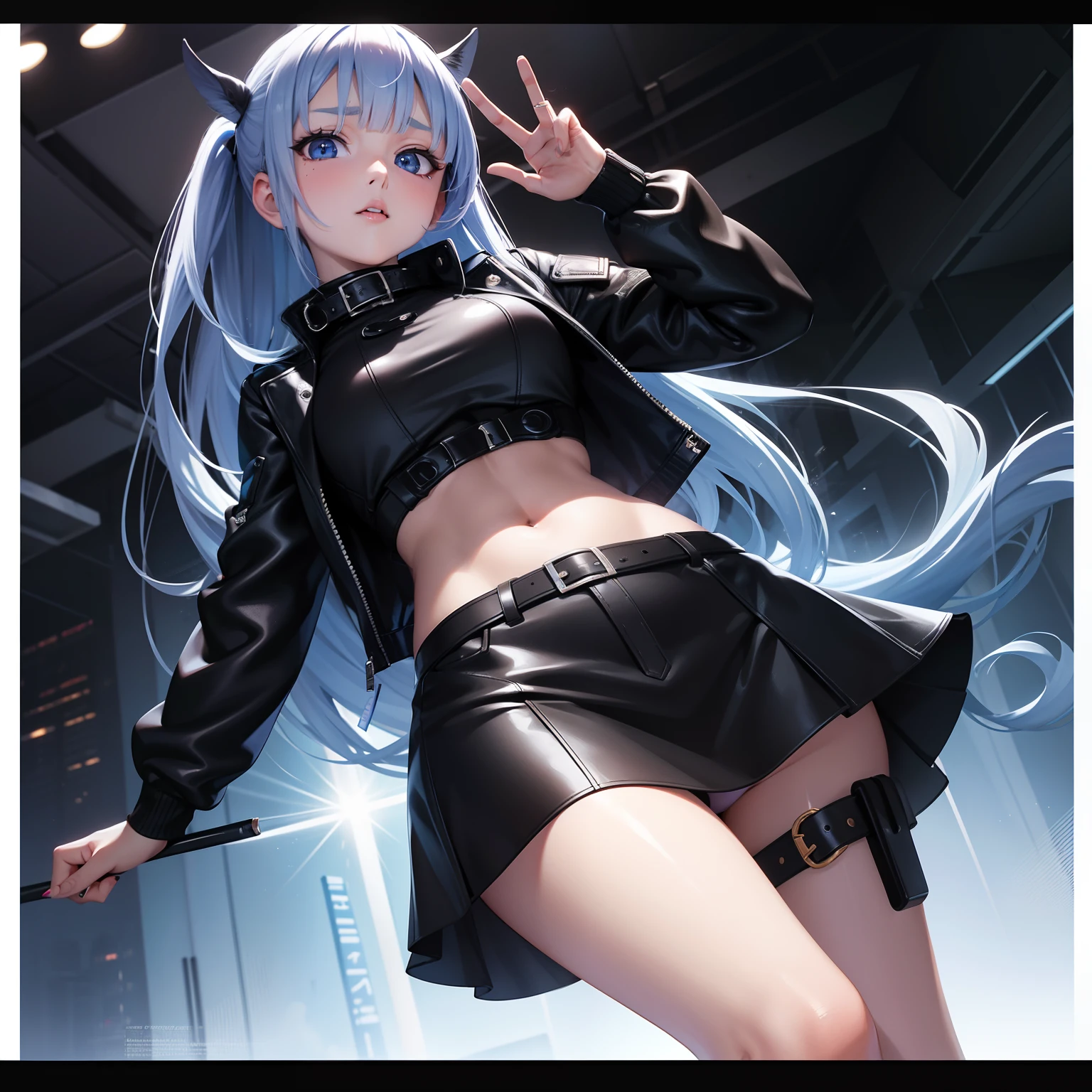 Beautiful blue eyes, plump and glossy lips, a mole under the eye, a beautiful 25-year-old delinquent girl who looks like Kanna Hashimoto, black leather jacket, super miniskirt, cigarette, computer graphics art, 3D, high resolution. , highest quality, full body, 8k character concept, 32k, pixiv, illustration, super detailed, super detailed face, megapixel, super detailed HDR, clear, overdecoration