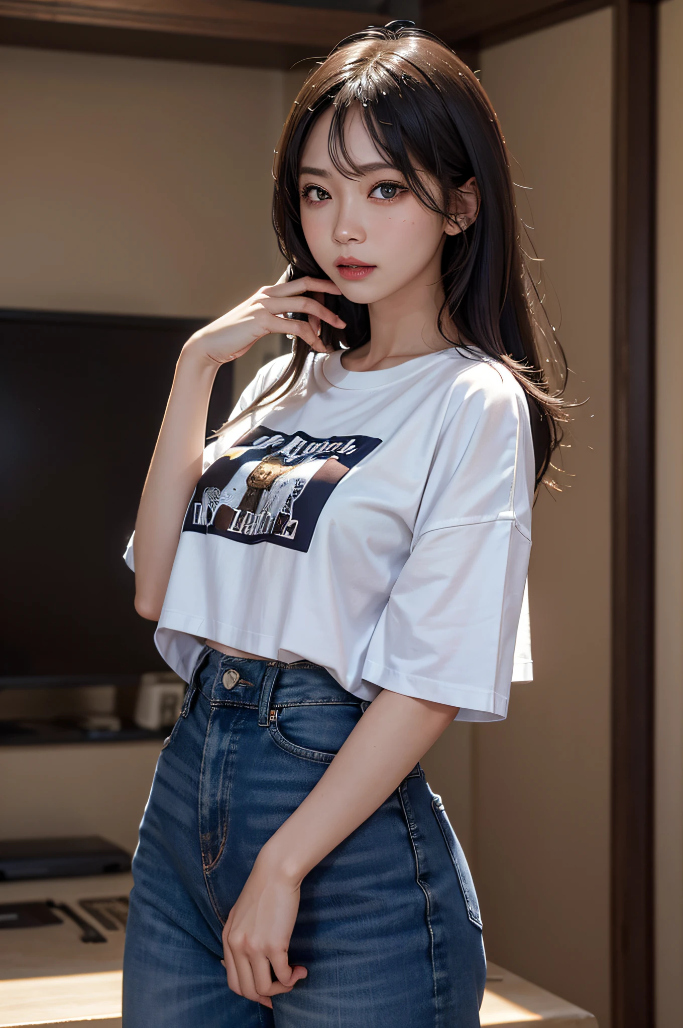 clothed、(Photo Real:1.4)、(hyper realisitic:1.4)、(realisitic:1.3)、 (Smoother lighting:1.05)、(Improved lighting quality in movies:0.9)、32K、shinny skin、 1girl in、20 years girl、Realistic lighting、back lighting、Facial light、raytrace、(Brightening light:1.2)、(Increase quality:1.4)、 (Top quality real texture skins:0.3)、finely eye、finerly detailed face、Fine quality eye、 tshirts、cowboy  shot