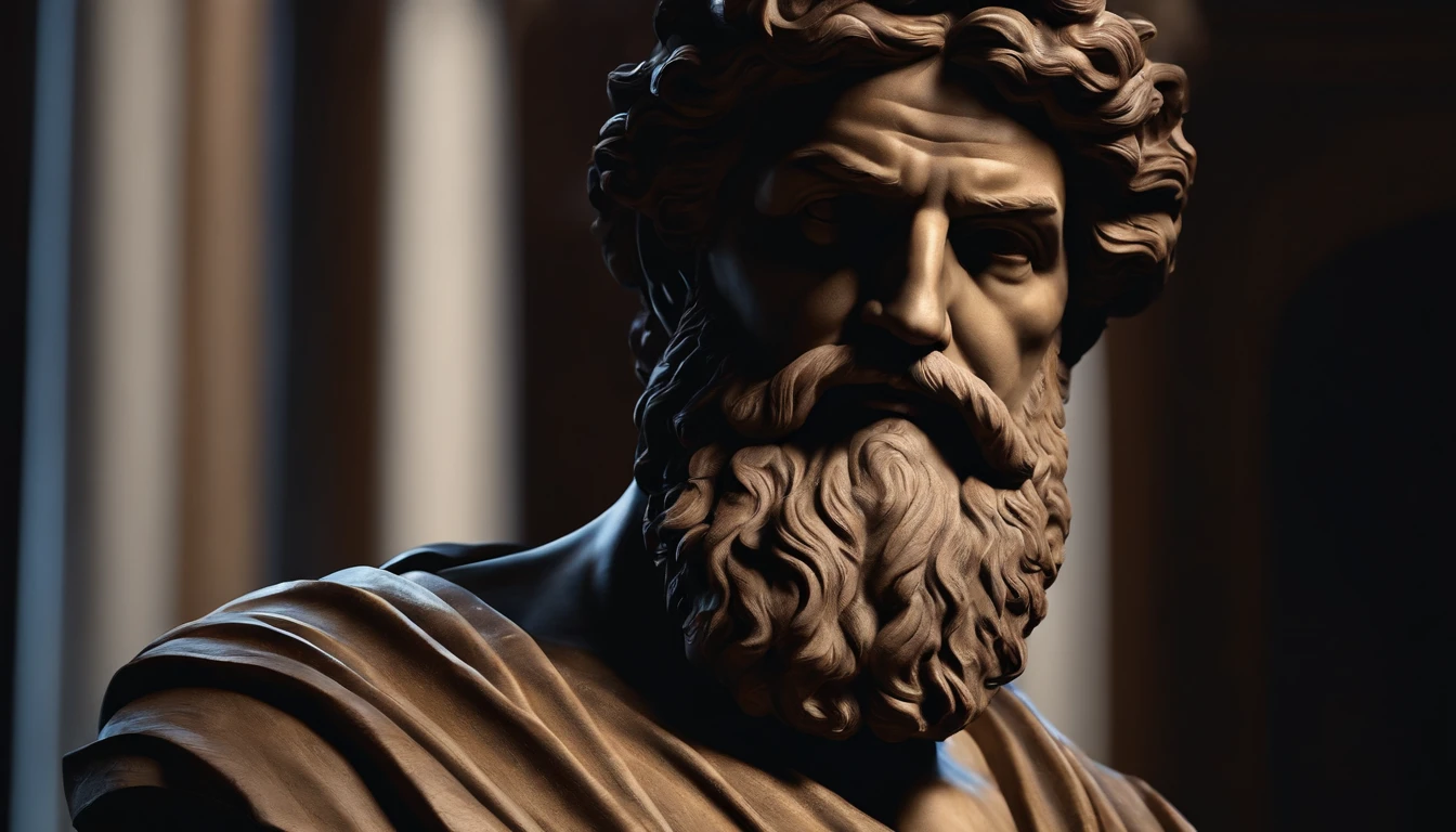 statue of a Greek philosopher, very detailed face, large beard, muscular, dark background, 8k, ultra realistic