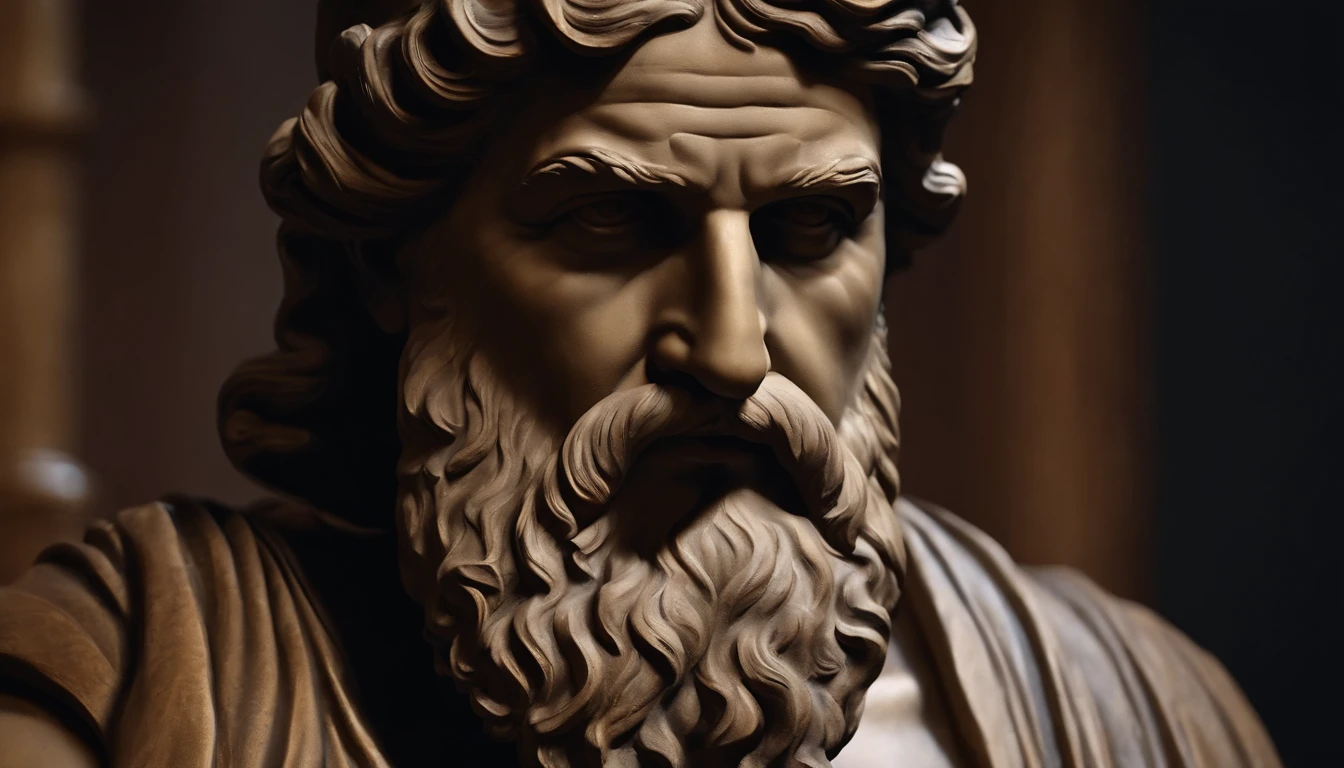 statue of a Greek philosopher, very detailed face, large beard, muscular, dark background, 8k, ultra realistic