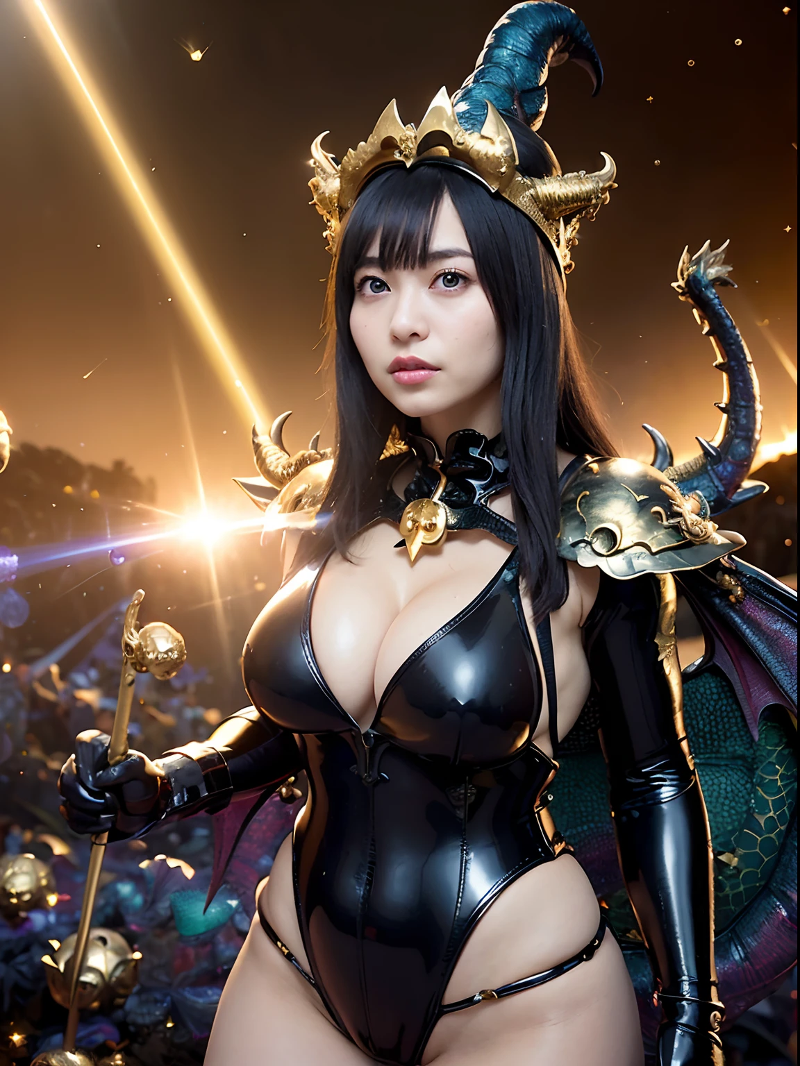((World of Darkness)),Professional , masterpiece、top-quality、photos realistic , depth of fields 、(((With a magic wand of gems))),(Dragon Black Metal Body:1.9),(latex black-blue、(cleavage of the breast)、Dragon Gold Weapon、(((Particles of light))),(Micro Bikini Armor:1.7),Gorgeous gold weapons ,(Fight dragons)、Seductive look、,Blood on the face,Blood Rain,Blood fog、(blood splattere、((((With a shining magic wand))), ) , (((Wearing a black latex wizard hat))),(demonic wings) ,((a blond))、(Castle background)、((Gangle's forest background))、Beautiful Caucasian beauty、1a person、dynamic ungle,(((Detailed and ornate dragon wizard hat)))、Smaller head、A smile、Castle background、Thin and beautiful female hands、cleavage of the breast、Soldier in iron armor on background、Mystical expression、Light Effects、intense fighting、Wind-effect、magic circles、With the legendary magic wand、Dragon's tail、explosions、Toostock、Toostock、(a beauty girl),