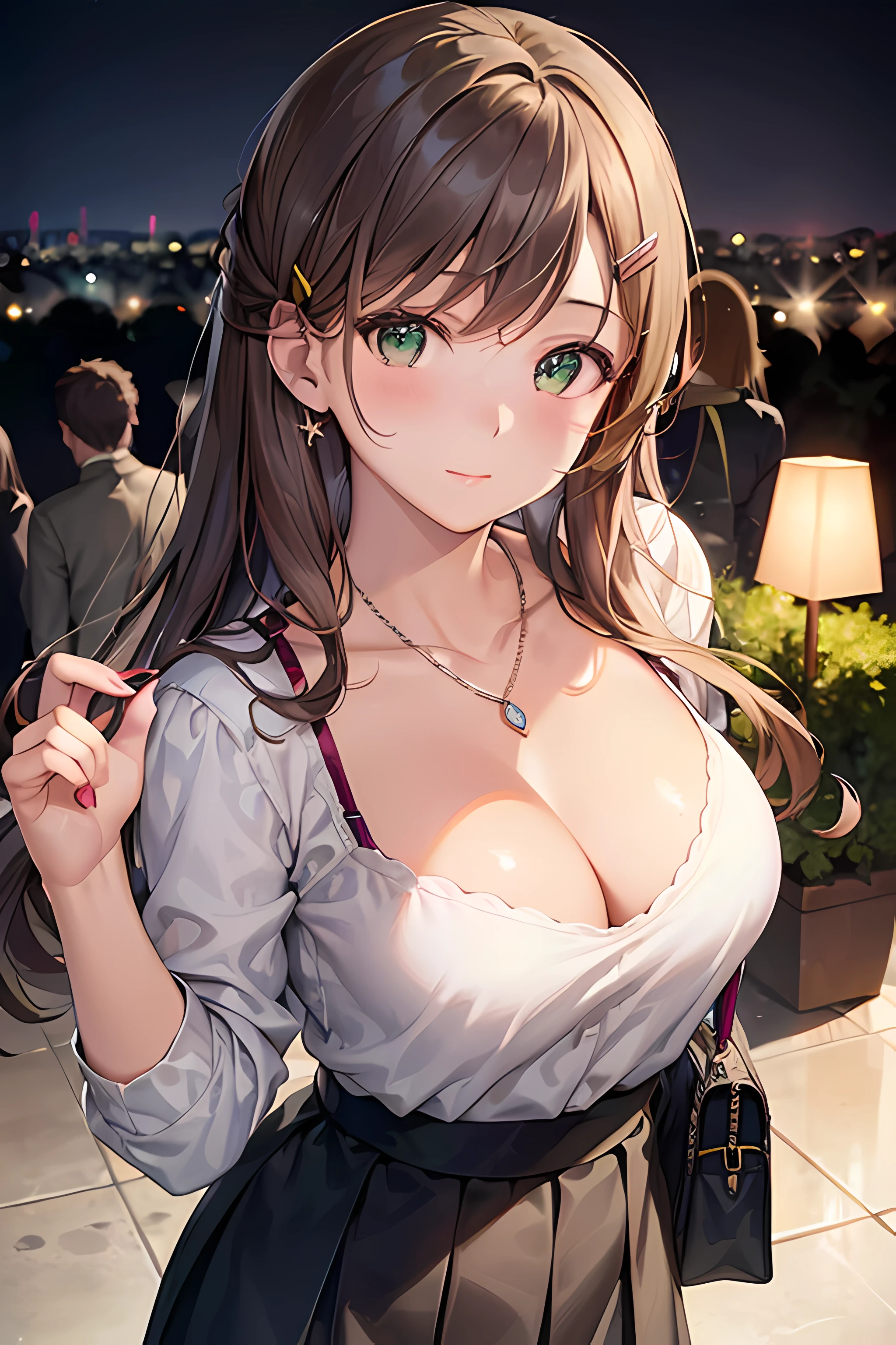 ((masterpiece, best quality, highres, UHD, perfect pixel, depth of field, 4k, RTX, HDR))), 1girl, single, solo, beautiful anime girl, beautiful artstyle, anime character, 24 years old, ((long hair, bangs, dark brown hair, curly hair:1.2, hair pin)), ((detailed face, blushing:1.2)), ((green eyes:1.8, sparkling effect, detailed eyelashes)), ((smooth texture:0.75, realistic texture:0.5, anime CG style)), ((medium breasts, cleavage:0.95)), dynamic angle, busty, perfect body, ((close up, POV, portrait, holding face)), ((white sweater, skirt:1.5, skirt folds, pleated skirt style, sliver necklace)), (visible bra straps, bra straps), night, night lamp, bokeh:1.4, (outdoor, city buildings, crowd), (fashionable, handbag)