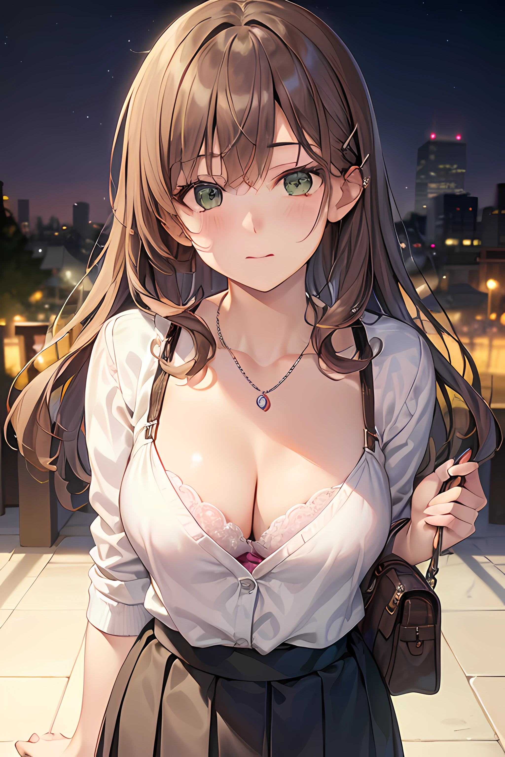 ((masterpiece, best quality, highres, UHD, perfect pixel, depth of field, 4k, RTX, HDR))), 1girl, single, solo, beautiful anime girl, beautiful artstyle, anime character, 24 years old, ((long hair, bangs, dark brown hair, curly hair:1.2, hair pin)), ((detailed face, blushing:1.2)), ((green eyes:1.8, sparkling effect, detailed eyelashes)), ((smooth texture:0.75, realistic texture:0.5, anime CG style)), ((medium breasts, cleavage:0.95)), dynamic angle, busty, perfect body, ((close up, POV, portrait, holding face)), ((white sweater, skirt:1.5, skirt folds, pleated skirt style, sliver necklace)), (visible bra straps, bra straps), night, night lamp, bokeh:1.4, (outdoor, city buildings, crowd), (fashionable, handbag)