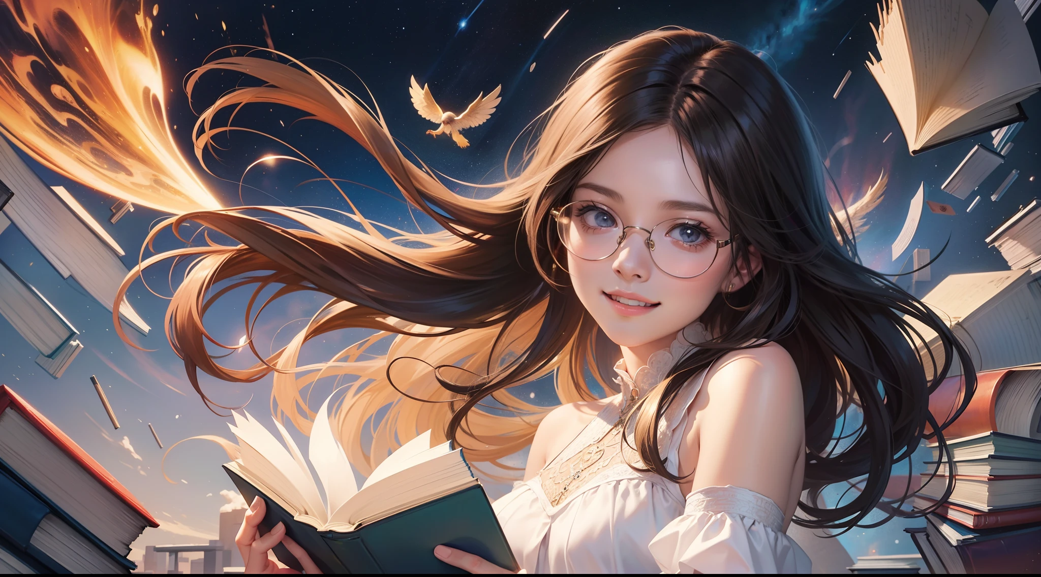 Winged little girl，(Books:1.4)，Very many books，Super many books,Long brown hair, Floating hair, side locks, Beautiful detailed glass hair, Delicate beautiful face,Wearing glasses， Happy smile，(universe background)，Cosmic Galaxy，solar system