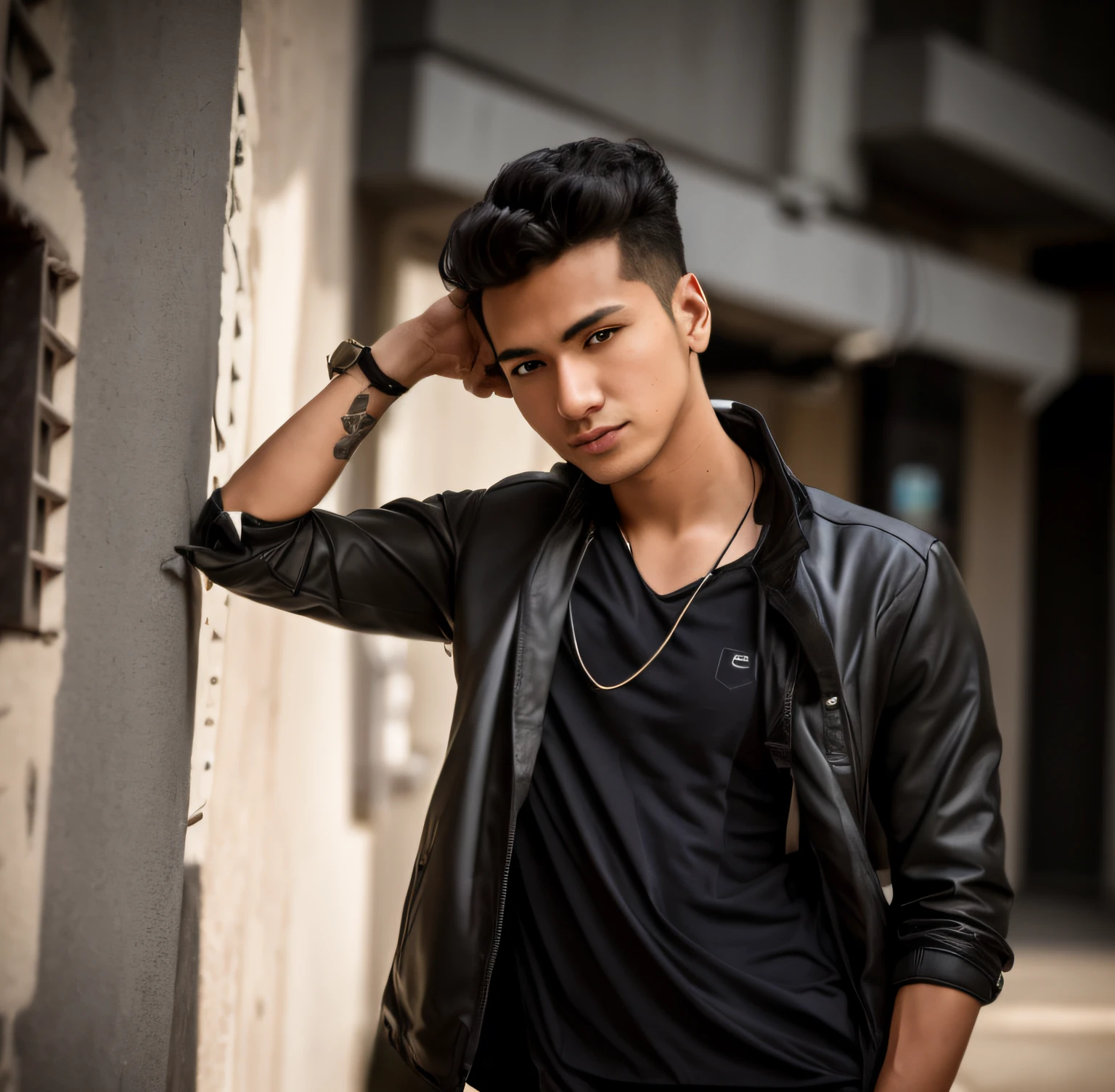 arafed man wearing jacket leaning against a wall, casual photography, modeling shoot, portait photo profile picture, male model, beautiful young man, modeling photography, profile photography, with lovely look, cute young man, stylish pose, dslr 5 0 mm portrait photo, portrait mode photo, young man, young male, photo model, cyberpunk hd