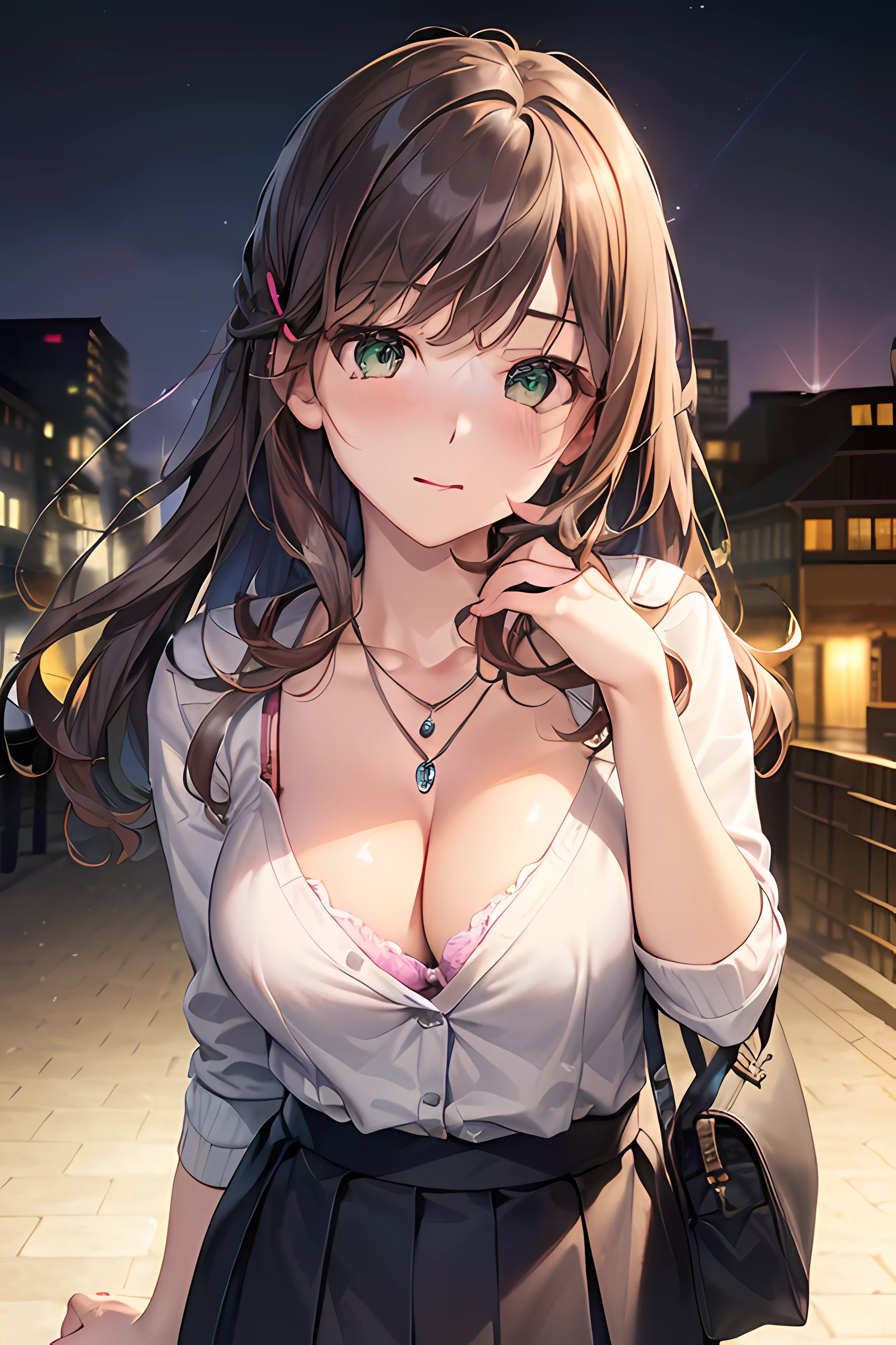 ((masterpiece, best quality, highres, UHD, perfect pixel, depth of field, 4k, RTX, HDR))), 1girl, single, solo, beautiful anime girl, beautiful artstyle, anime character, 24 years old, ((long hair, bangs, dark brown hair, curly hair:1.2, hair pin)), ((detailed face, blushing:1.2)), ((green eyes:1.8, sparkling effect, detailed eyelashes)), ((smooth texture:0.75, realistic texture:0.5, anime CG style)), ((medium breasts, cleavage:0.95)), dynamic angle, busty, perfect body, ((close up, POV, portrait, holding face)), ((white sweater, skirt:1.5, skirt folds, pleated skirt style, sliver necklace)), (visible bra straps, bra straps), night, night lamp, bokeh:1.4, (outdoor, city buildings, crowd), (fashionable, handbag)