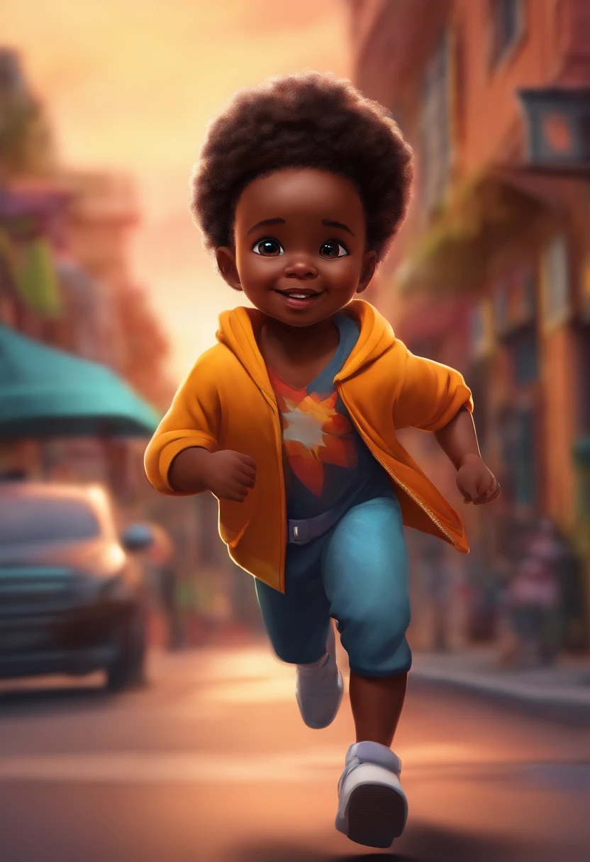 Black-skinned child with flash outfit running around town