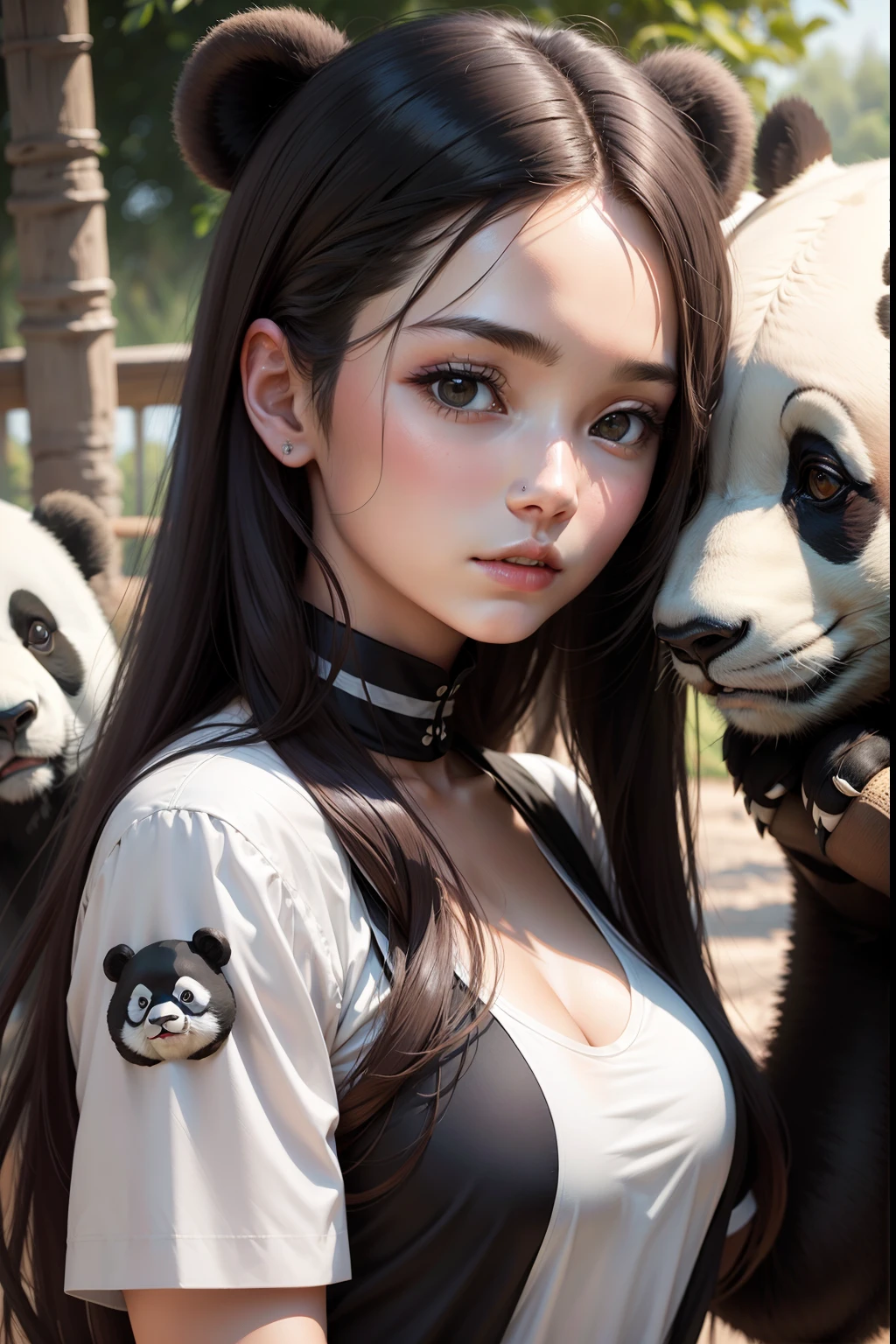 Araffe girl with long hair and a panda bear behind her - SeaArt AI