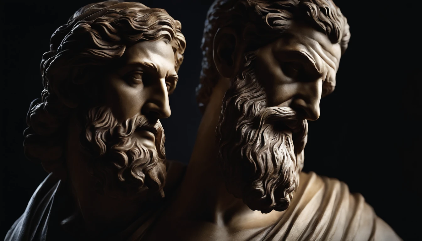 A white marble statue of a muscle, Bearded man with a stern look in a dark square at night, in the style of photographers Annie Leibovitz and Peter Lindbergh.
