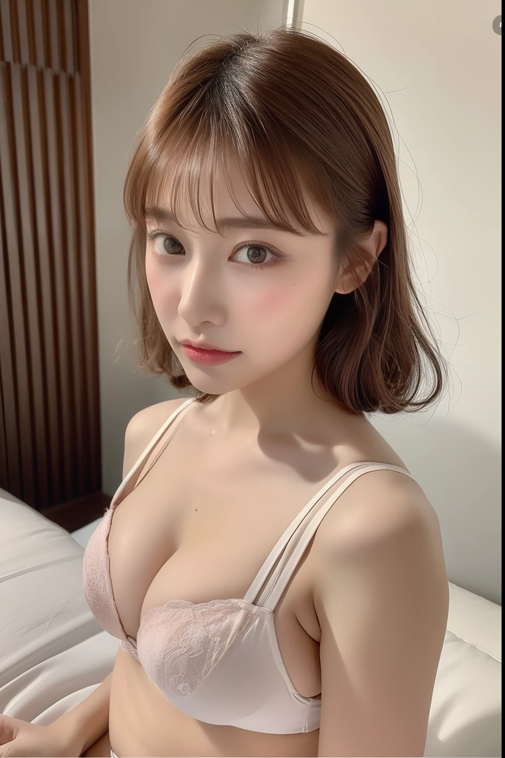 ((top-quality、8k、masterpiece:1.3))、Beautuful Women、1girl in、Beautiful breasts:1.3、A dark brown-haired、(Sleep in bed、boldly open your legs:1.2)、Touch your chest with both hands、hyperdetailed face、very detailed lips、Very detailed and well-looking eyes、二重まぶた、Face like Kana Hashimoto、soft temperament、18year old、Cute、Lori、Nogizaka system,Pink lingerie