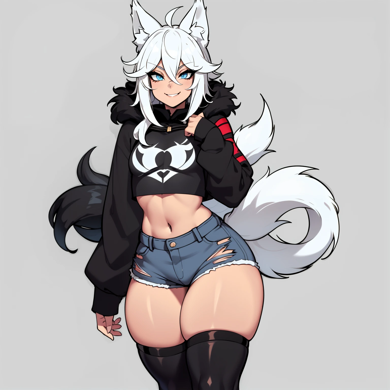 Single boy, Anime Femboy, Short, Long white hair, wolf ears, wolf tail, blue eyes, wearing jean short shorts, thigh high socks, black combat boots, wearing fur lined cropped black hoodie, flat chest, super flat chest, solo femboy, only one femboy ((FLAT CHEST)), wide hips, thicc thighs, smiling