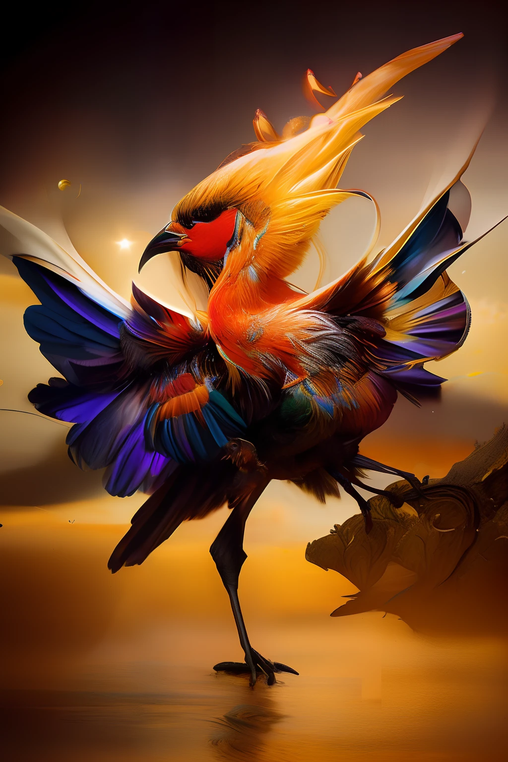 The phoenix pose shows unparalleled elegance and opulence in appearance，Breathtakingly beautiful。It is tall and elegant，The wings spread out gorgeously。The plumage is bright red、de cor laranja、Yellow、Composed of purple and other colors，Exudes a mesmerizing glow。Every feather is like a work of art，Delicate and smooth，Colors that shine in the sun。

The phoenix pose has a jewel-like red crown embedded in its head，Shine brightly。Its eyes are crystal clear，Like two bright gemstones，Exudes wisdom and mystery。The pointed mouth is curved，Exudes nobility。

The surrounding phoenix posing is also a spectacular picture。Surrounded by a fantastic wonderland，It is full of peace and harmony。The rainbow bends in the sky，Waterfalls cascade down，Exudes a fresh floral scent。Surrounded by dense forests，Towering trees stand there like giants。

The phoenix poses to spread its wings and fly，Fly in such a beautiful environment，Light and free。Its flight stance is elegant and sturdy，Every flutter of wings brings beautiful music，It was as if the whole world was dancing for it。

The whole scene not only shows the details of the appearance of the phoenix pose，It also interprets the magnificent environment in which it is located，It's intoxicating。