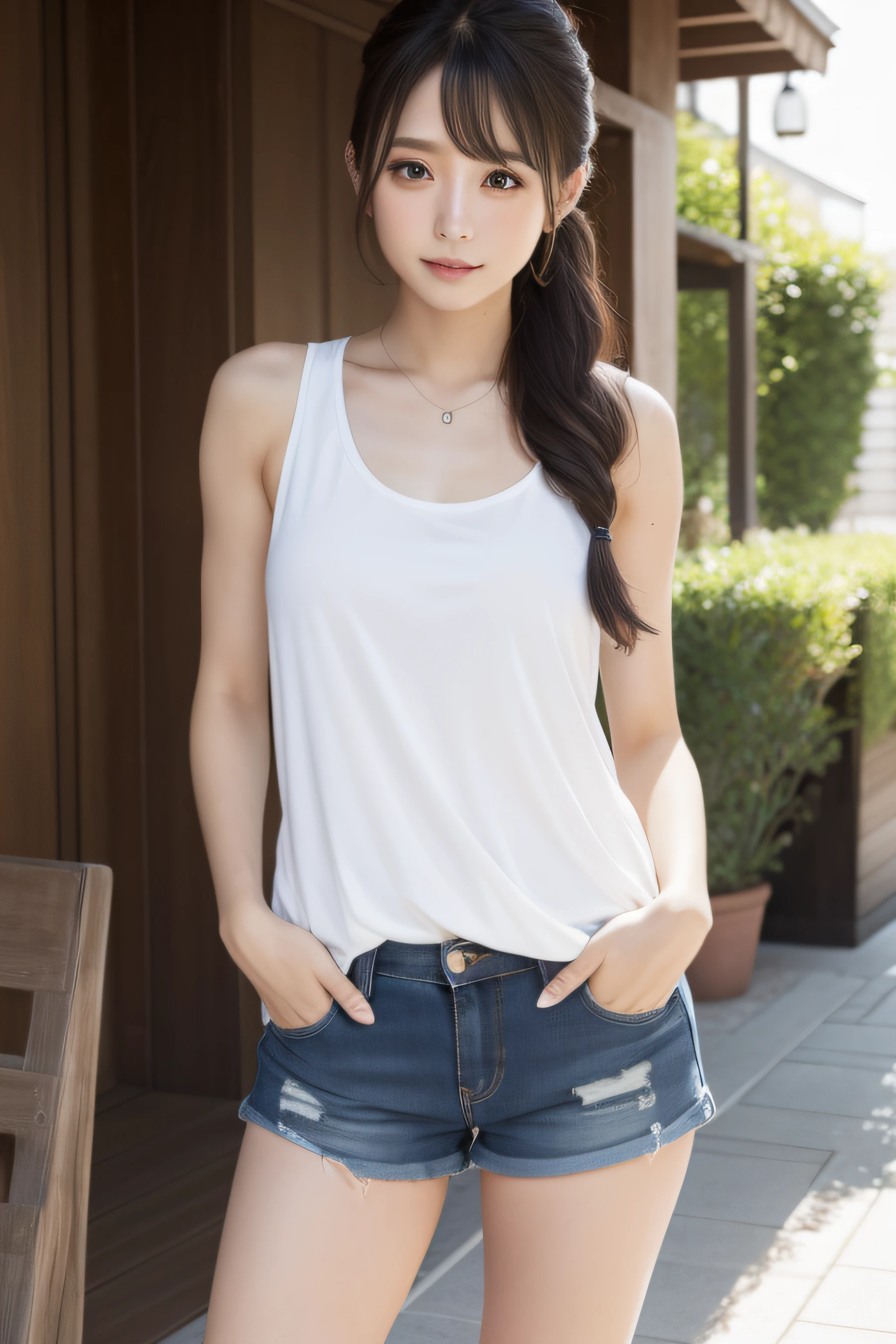 Close-up of a woman in a white tank top and denim shorts, woman wears glasses,A very stylish girl,a photorealistic painting by Torii Kiyomoto, tumbler, shin hanga, beautiful south korean woman, gorgeous young korean woman, beautiful young korean woman, korean girl, korean woman, beautiful asian girl, young adorable korean face, japanese model, beautiful japanese girl face, beautiful asian woman