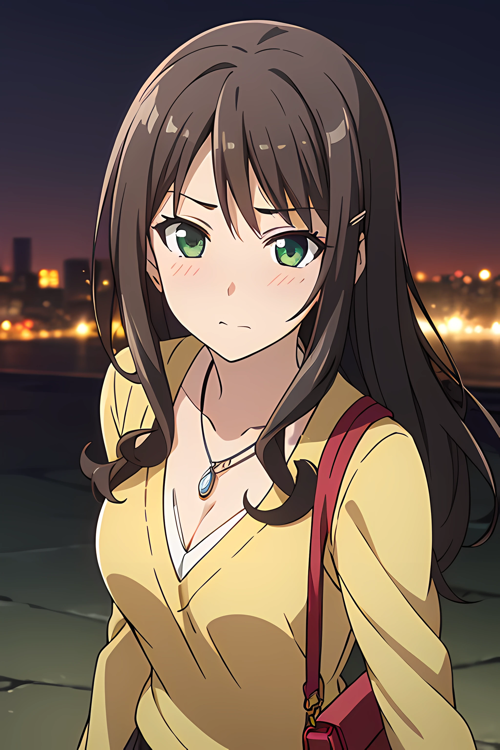 (masterpiece, best quality, highres, UHD, perfect pixel, depth of field, 4k, RTX, HDR))), 1girl, single, solo, beautiful anime girl, beautiful artstyle, anime character, 24 years old, ((long hair, bangs, dark brown hair, curly hair:1.2, hair pin)), ((detailed face, blushing:1.2)), ((green eyes:1.8, sparkling effect, detailed eyelashes)), ((smooth texture:0.75, realistic texture:0.9, anime CG style)), ((medium breasts, cleavage)), dynamic angle, busty, perfect body, ((close up, POV, portrait, holding face)), ((white sweater, skirt:1.5, skirt folds, pleated skirt style, sliver necklace)), night, night lamp, bokeh:1.4, (outdoor, city buildings, crowd), (fashionable, handbag)