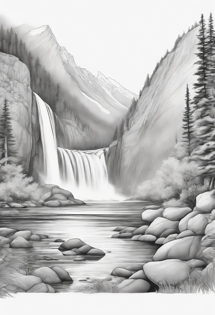 Nature landscapes of mountains, sea, waterfalls, watercolor, black and white outline, coloring book, white background, line drawing