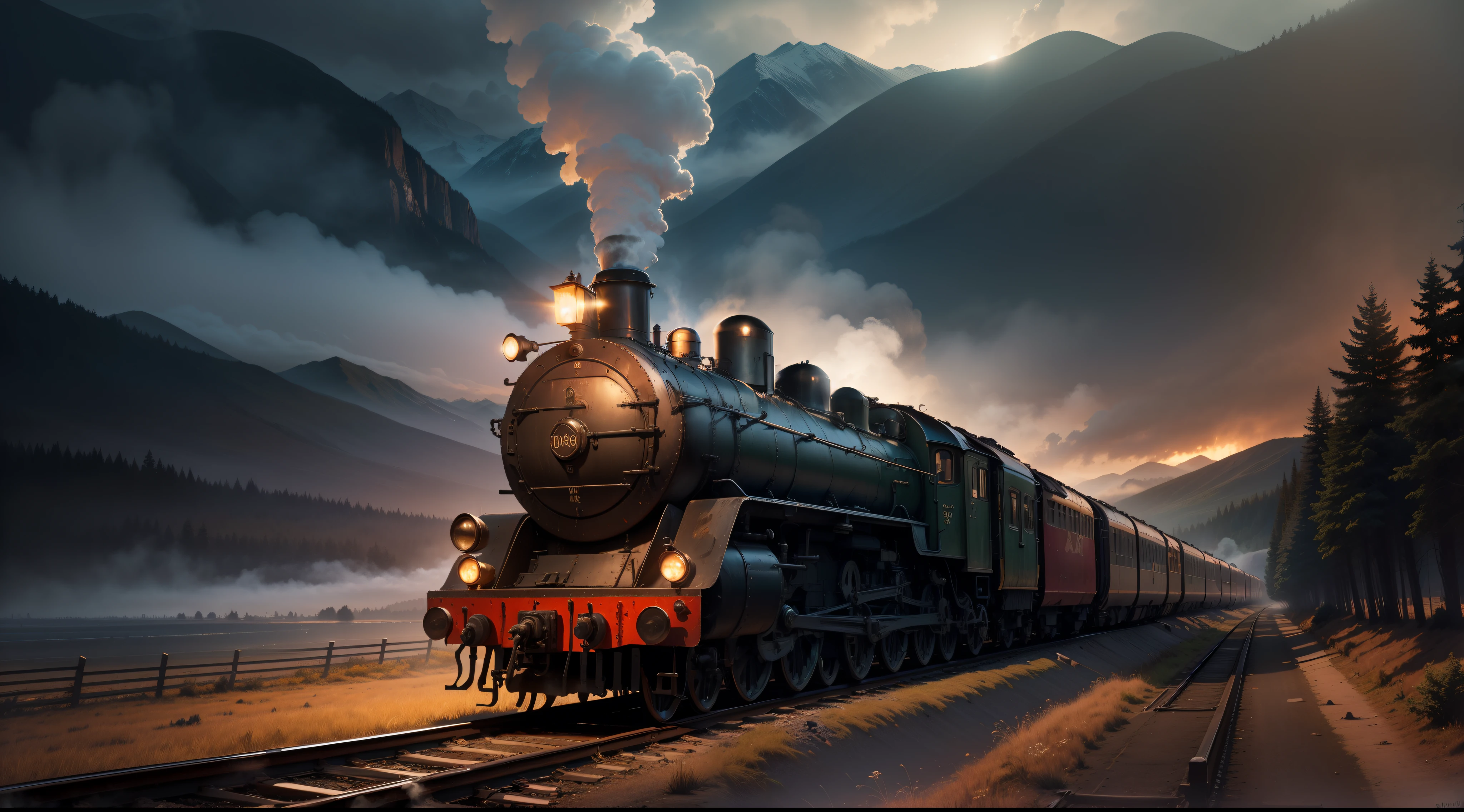 (best quality,4k,8k,highres,masterpiece:1.2),ultra-detailed,(realistic,photorealistic,photo-realistic:1.37),one train,dark landscape background,moody atmosphere,ominous clouds,twilight sky,silhouettes of trees and mountains,steam rising from the train,mysterious shadows,heavy fog,moonlit scene,majestic scenery,faraway mountains,reflective lake,crisp air,melancholic mood,vibrant colors,vintage steam locomotive,echoing train whistle,lonesome feeling,smoke billowing from the train,captivating anticipation,subtle highlights and shadows,distant city lights,Gothic architecture,lonely railway track,nighttime serenity