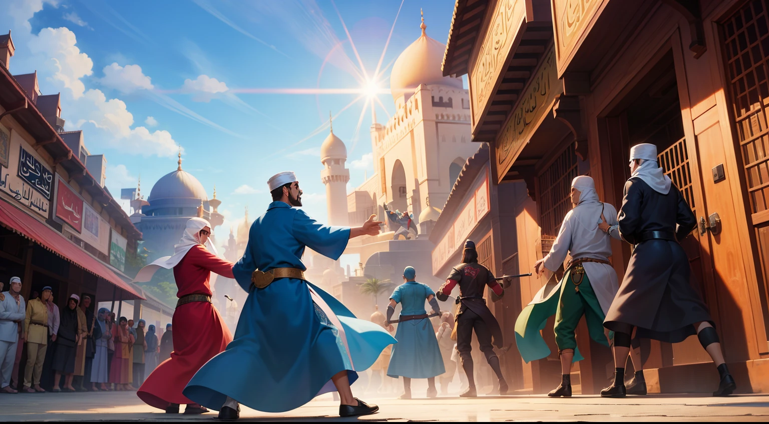 muslim gang fight, medieval times, arab street, islam, colorful, vivid color, blue sky, lens flare, depth of field