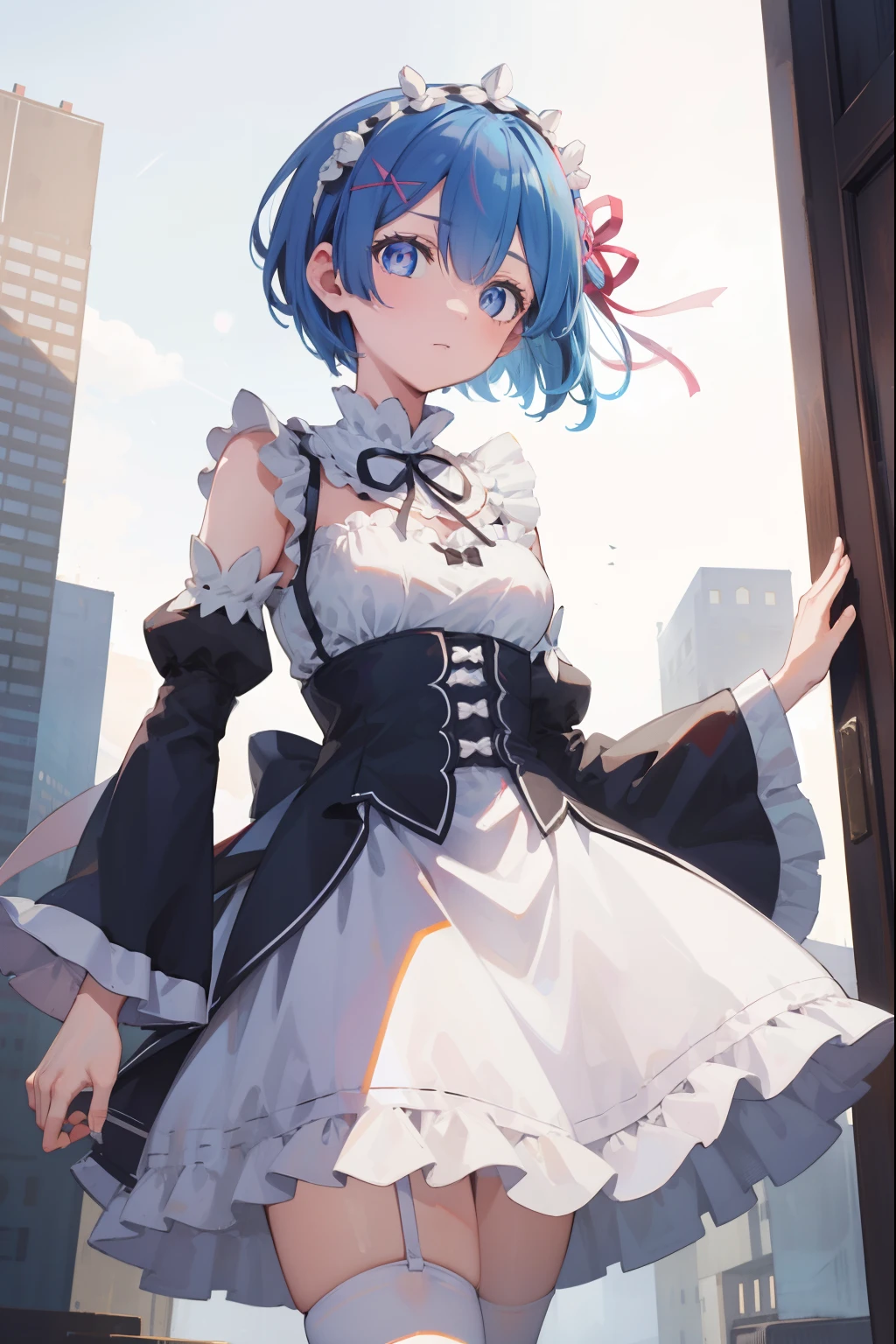 rezerorem, rem, blue eyes, blue hair, hair ornament, hair over one eye, hair ribbon, short hair, x hair ornament,
BREAK apron, black ribbon, black skirt, black sleeves, detached collar, detached sleeves, flower, frilled apron, frilled skirt, frills, head wreath, long sleeves, maid, miniskirt, neck ribbon, purple ribbon, ribbon, ribbon trim, ribbon-trimmed sleeves, roswaal mansion maid uniform, short hair, skirt, thighhighs, waist apron, white apron, white thighhighs,
BREAK outdoors, city,
BREAK looking at viewer, 
BREAK (masterpiece:1.2), best quality, high resolution, unity 8k wallpaper, (illustration:0.8), (beautiful detailed eyes:1.6), extremely detailed face, perfect lighting, extremely detailed CG, (perfect hands, perfect anatomy),