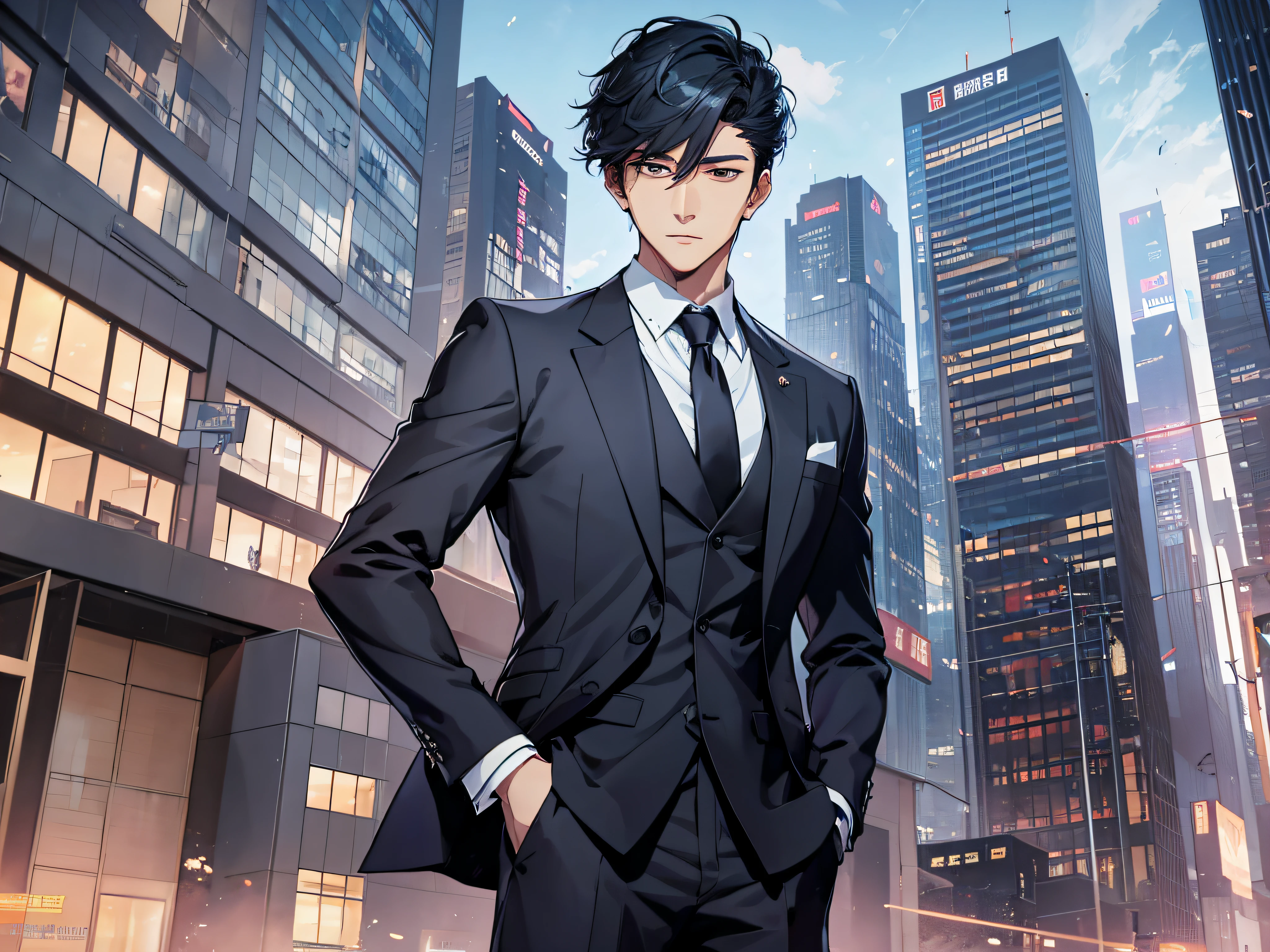 A man in a suit and tie stands in front of the city, inspired by Zhang Han, Wearing a strict business suit, anime handsome guy, inspired by Yanjun Cheng, Wearing a strict business suit, Dark suit, suit and tie, inspired by Russell Dongjun Lu, Handsome Anime Pose, Handsome stunning realistic, inspired by Bian Shoumin, Handsome Man in Demon Killer Art