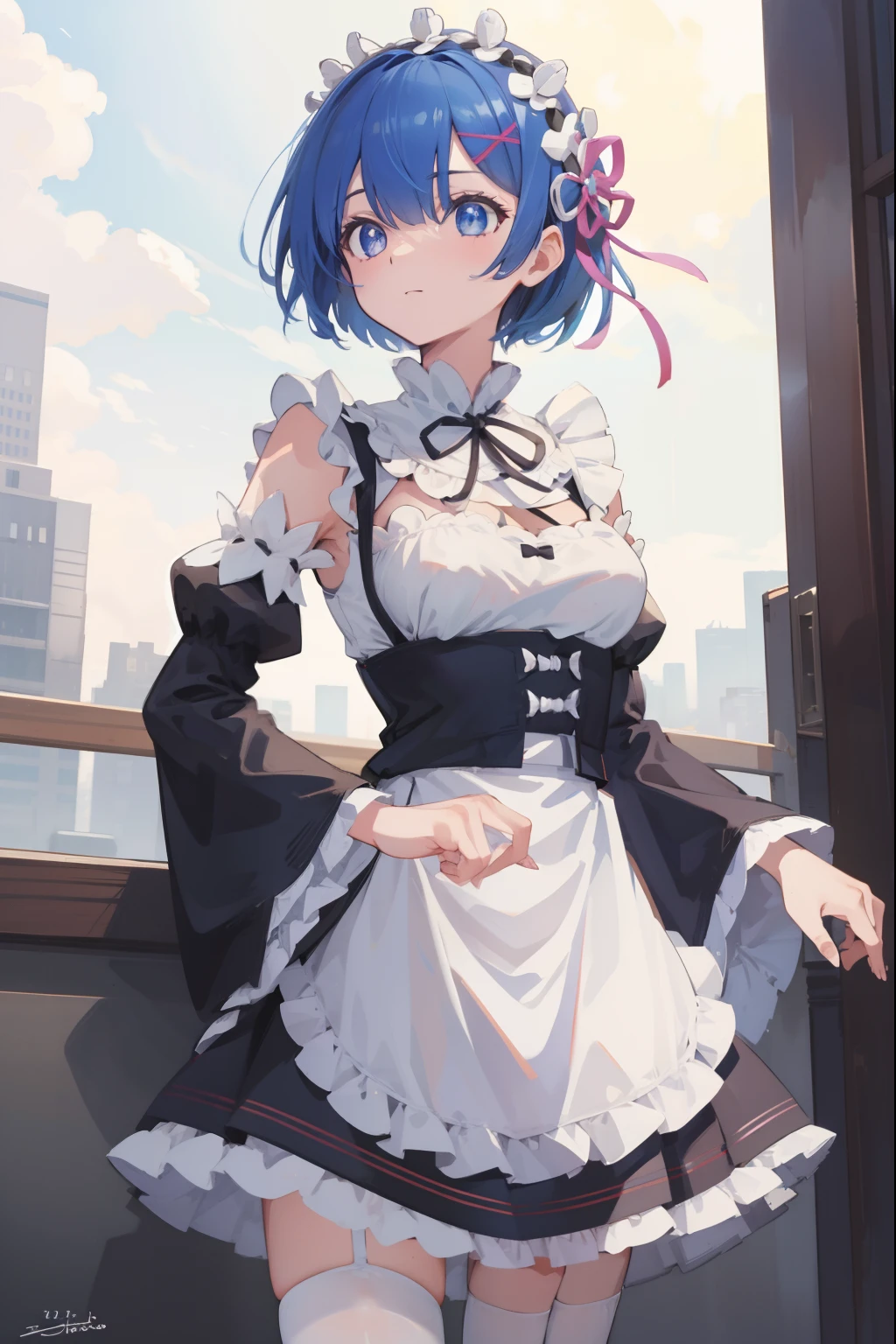 BREAK looking at viewer,BREAK (masterpiece:1.2), best quality, high resolution, unity 8k wallpaper, (illustration:0.8), (beautiful detailed eyes:1.6), extremely detailed face, perfect lighting, extremely detailed CG, (perfect hands, perfect anatomy),castle,tower,clouds,wet road,night,mist,rem, blue eyes, blue hair, hair ornament, hair over one eye, hair ribbon, short hair, x hair ornament
apron, black ribbon, black skirt, black sleeves, detached collar, detached sleeves, flower, frilled apron, frilled skirt, frills, head wreath, long sleeves, maid, miniskirt, neck ribbon, purple ribbon, ribbon, ribbon trim, ribbon-trimmed sleeves, roswaal mansion maid uniform, short hair, skirt, thighhighs, waist apron, white apron, white thighhighs,blue hair,upskirt,showing panties,wet panties,shy face,open mouth,nipples see through,nipples,from behind,back view,showing ass.