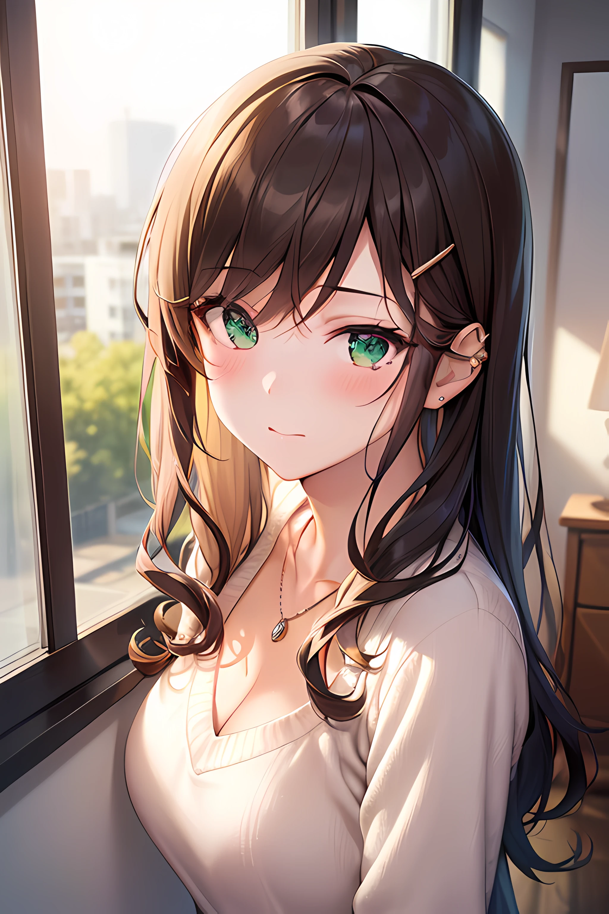 ((table top, highest quality, High resolution, perfect pixel, Depth of bounds written, 8K)), 1 girl, high school student, beautiful girl, ((brown hair, curly hair:0.8)), ((green eyes:1.4, beautiful eyelashes, realistic eyes)), ((detailed face, blush:1.2)), ((smooth texture:0.75, realistic texture:0.65)), medium breasts, dynamic angle, perfect body,(sweaty), (Wet and sheer white shirt), expose one&#39;s chest, school uniform, smile