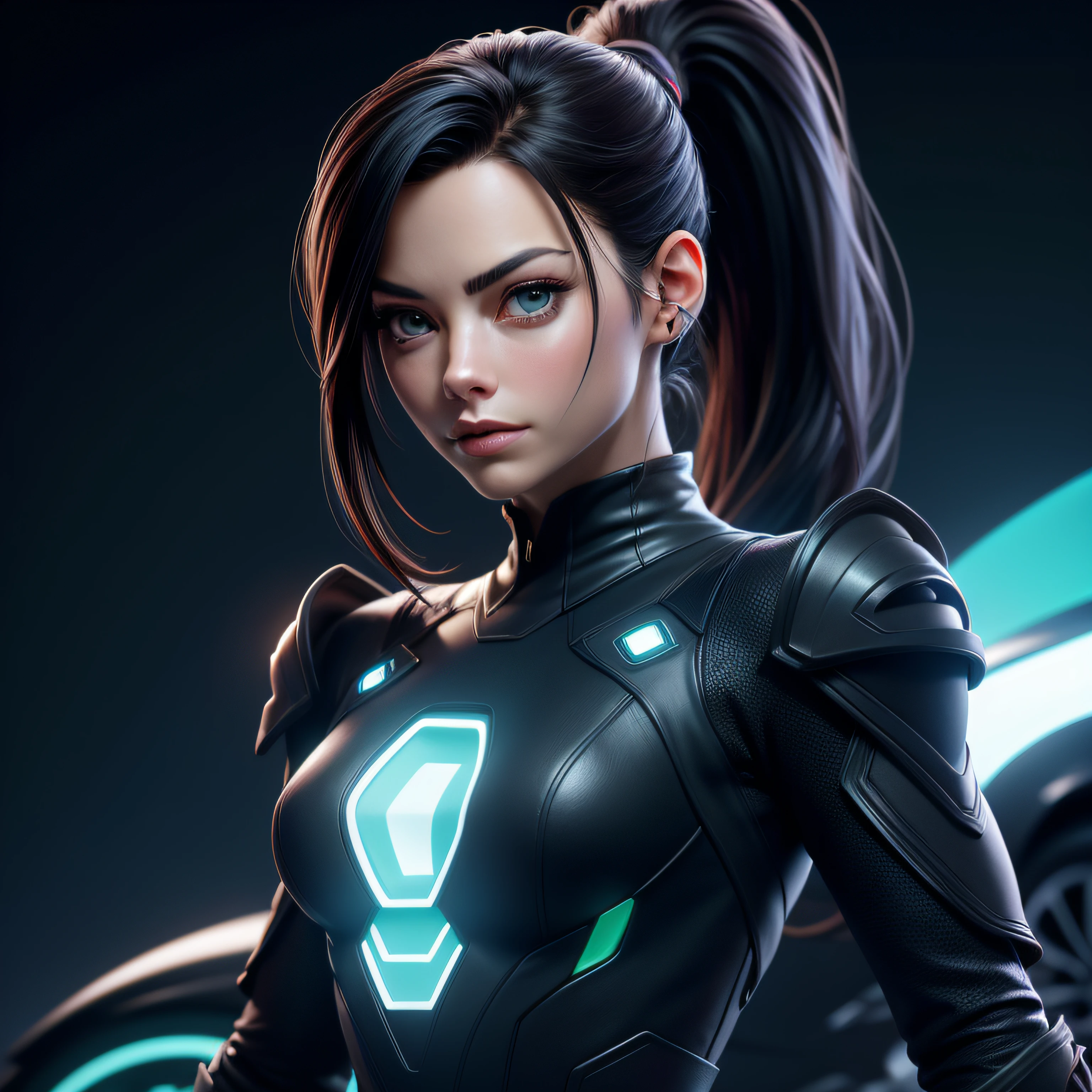 1Kristin Kreuk with a ponytail, portant une tenue futuriste du film "TRON" et chevauchant une moto du film "TRON". De magnifiques yeux verts. Kinematic light. extremly detailed. background "TRON",