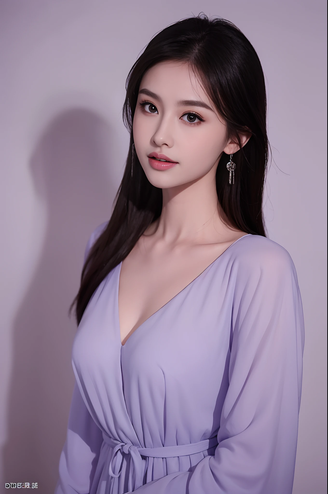 Eighteen-year-old beautiful girl，plump figure，huge breasts，Reveal a little cleavage，Her hair is black and beautiful，Have an oval face，Slightly wide face，High cheekbones，red phoenix eye，The jawline is smooth。She has double eyes，Eyelids are a bit thick，Nose high and straight，Small mouth and thick lips。Overall facial features are exquisite and three-dimensional，Smile，Wearing a purple printed robe