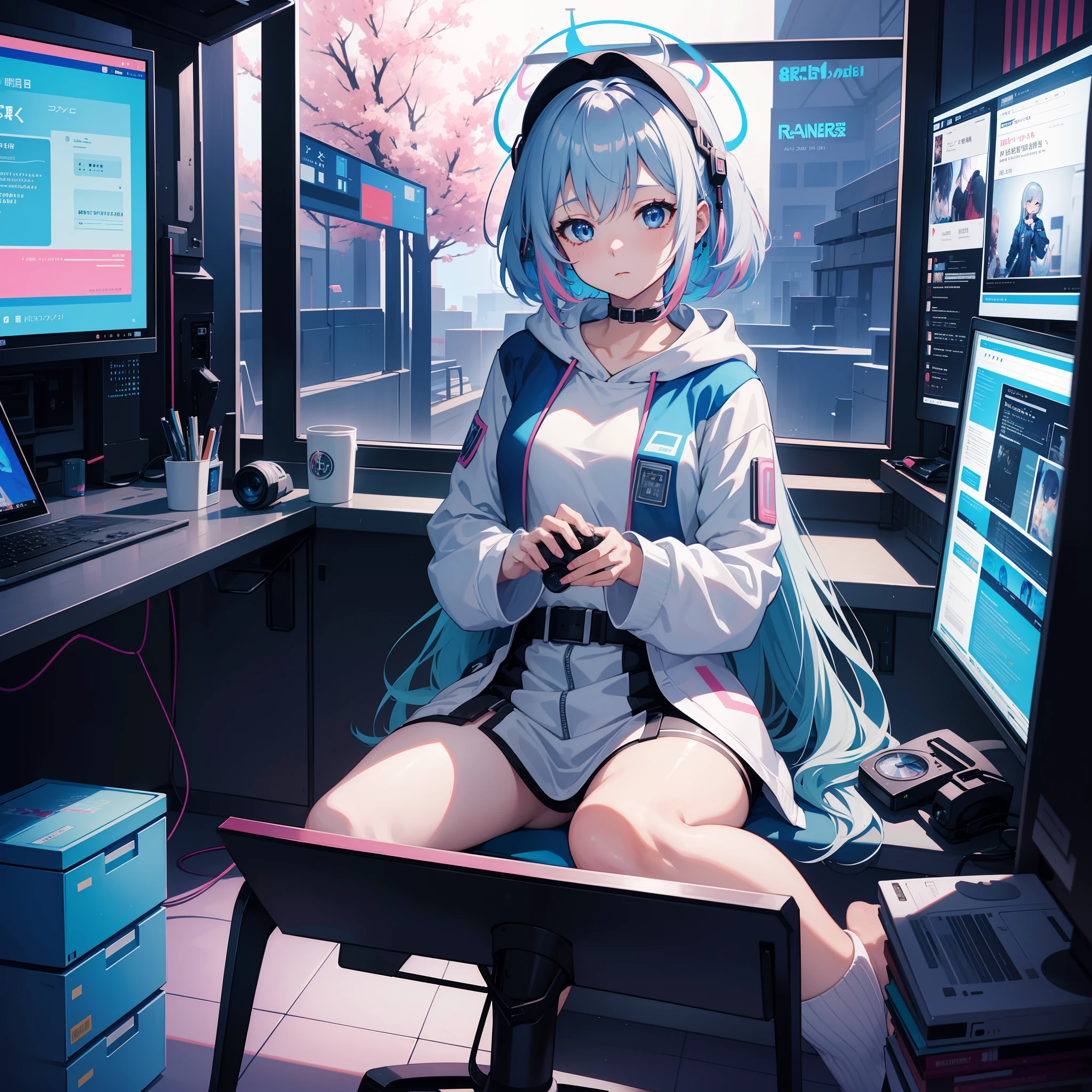 himeko honkai star rail, VOCALOID、One girl、colourful hair、PastelColors、dome、cute little、Music Background, 1girl, short gray hair, blue eyes, wearing sci-fi clothes,ask to follow, aquatic sci-fi, absurdres, high res, ultrasharp, 8K, masterpiece, looking at viewer,masterpiece, high quality, highres, absurdres, ultra-detailed, 8k, 1girl, platinum grey hair, blue hair, multicolored hair, gradient hair, looking at viewer, colorful eyes, colorful hoodie, (sci-fi city), portrait, anime character sitting on a desk with a computer and a monitor, digital cyberpunk anime art, best anime 4k konachan wallpaper, trending on artstation pixiv, anime style 4 k, digital cyberpunk - anime art, guweiz on pixiv artstation, hand not visible