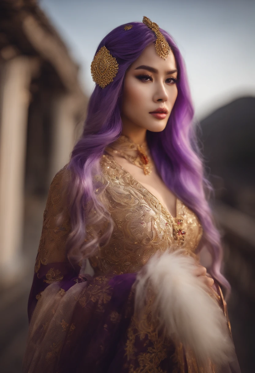 32k (tmasterpiece ,K HD | long white hair,Bright purple floating,Fire cloud pattern golden headband,Long-sleeved golden silk Chinese clothing,(abstract ink splash:1.2),smoky background,Lotus shield(realistic:1.4),Bright purple hair ,Smoke on the road,The background is pure, A high resolution, The detail, RAW photo, sharp re, Nikon D850 Film Stock Photo by Jefferies Lee 4 Kodak Portra 400 Camera F1.6 shots, rich colors, Ultra-realistic vivid textures, lighting Dramatic, Trend Unreal Engine Art Station, Cinestir 800,Long Flow Bright Purple Hair
