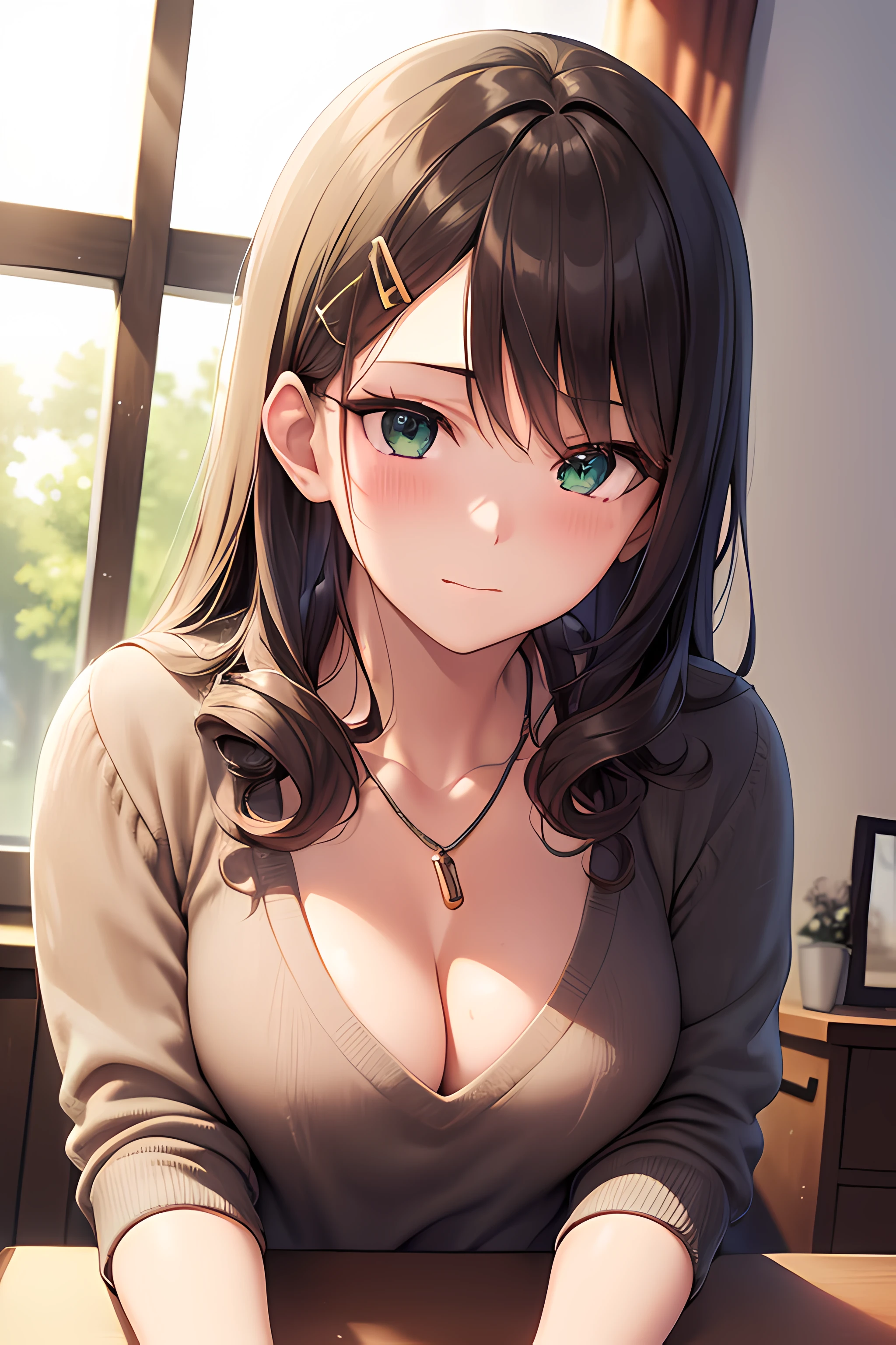 (masterpiece, best quality, highres, UHD, perfect pixel, depth of field, 4k, RTX, HDR))), (Yumegatari), 1girl, single, solo, beautiful anime girl, beautiful artstyle, anime character, 24 years old, ((long hair, bangs, dark brown hair, curly hair:1.2, hair pin)), ((detailed face, blushing:1.2)), ((detailed eyes, green eyes:1.8, sparkling effect, detailed eyelashes, beautiful eyelashes)), ((smooth texture:0.75, realistic texture:0.55, anime CG style)), ((medium breasts, cleavage)), dynamic angle, busty, perfect body, ((close up, POV, portrait, cute)), ((white sweater, skirt, sliver necklace)), morning scene, natural light, (indoor, bedroom, beside the window)