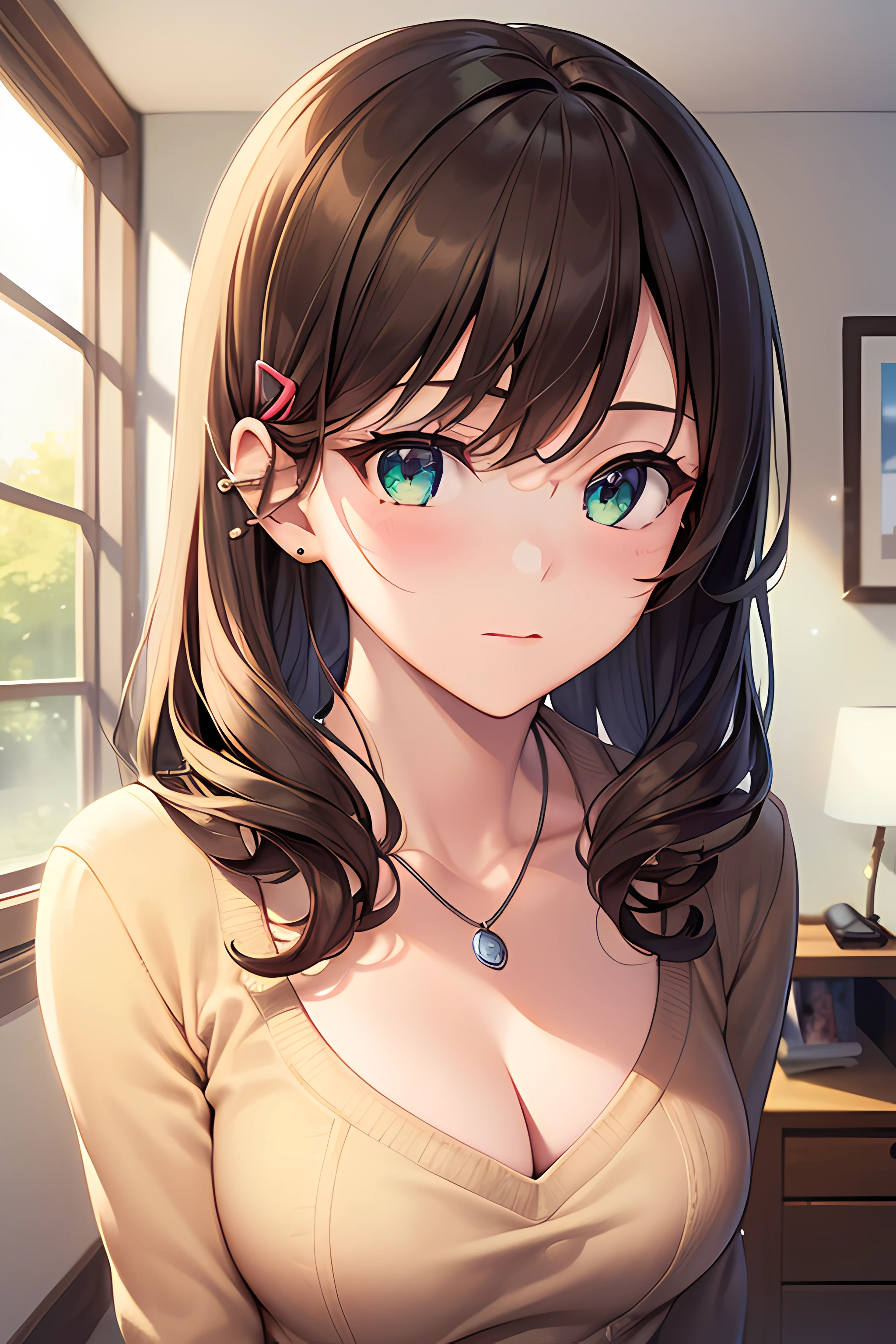 (masterpiece, best quality, highres, UHD, perfect pixel, depth of field, 4k, RTX, HDR))), (Yumegatari), 1girl, single, solo, beautiful anime girl, beautiful artstyle, anime character, 24 years old, ((long hair, bangs, dark brown hair, curly hair:1.2, hair pin)), ((detailed face, blushing:1.2)), ((detailed eyes, green eyes:1.8, sparkling effect, detailed eyelashes, beautiful eyelashes)), ((smooth texture:0.75, realistic texture:0.55, anime CG style)), ((medium breasts, cleavage)), dynamic angle, busty, perfect body, ((close up, POV, portrait, cute)), ((white sweater, skirt, sliver necklace)), morning scene, natural light, (indoor, bedroom, beside the window)