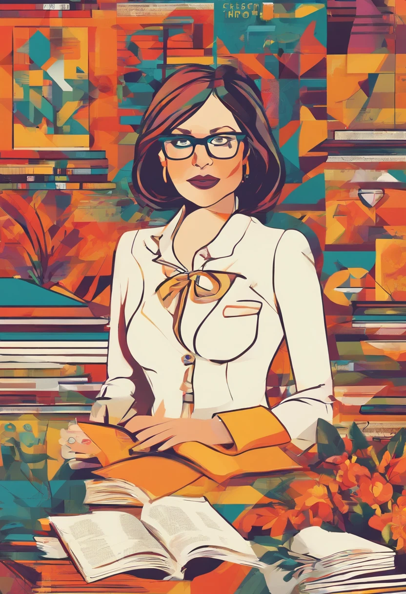 Quality first,masterpiece in detail,Middle-aged woman wearing glasses,sportrait,closeup cleavage,Several cute kids reading a book,in class room,fresh flowers,Rich in color
