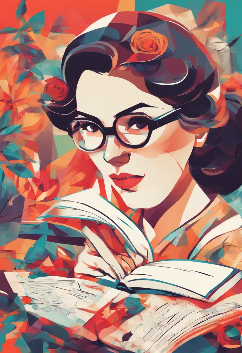 Quality first,masterpiece in detail,Middle-aged woman wearing glasses,sportrait,closeup cleavage,Several cute kids reading a book,in class room,fresh flowers,Rich in color