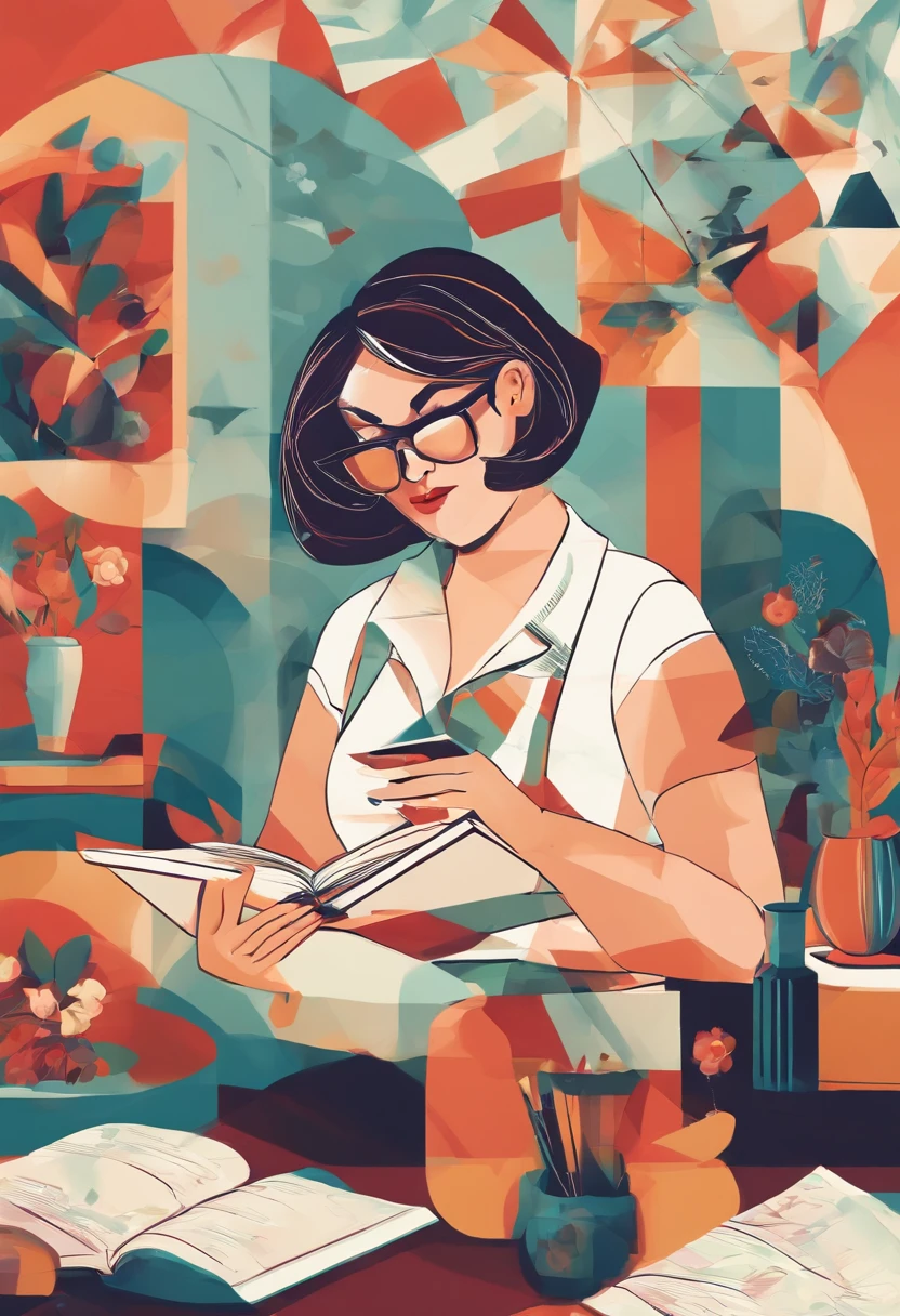 Quality first,masterpiece in detail,Middle-aged woman wearing glasses,sportrait,closeup cleavage,Several cute reading a book,in class room,fresh flowers,Rich in color