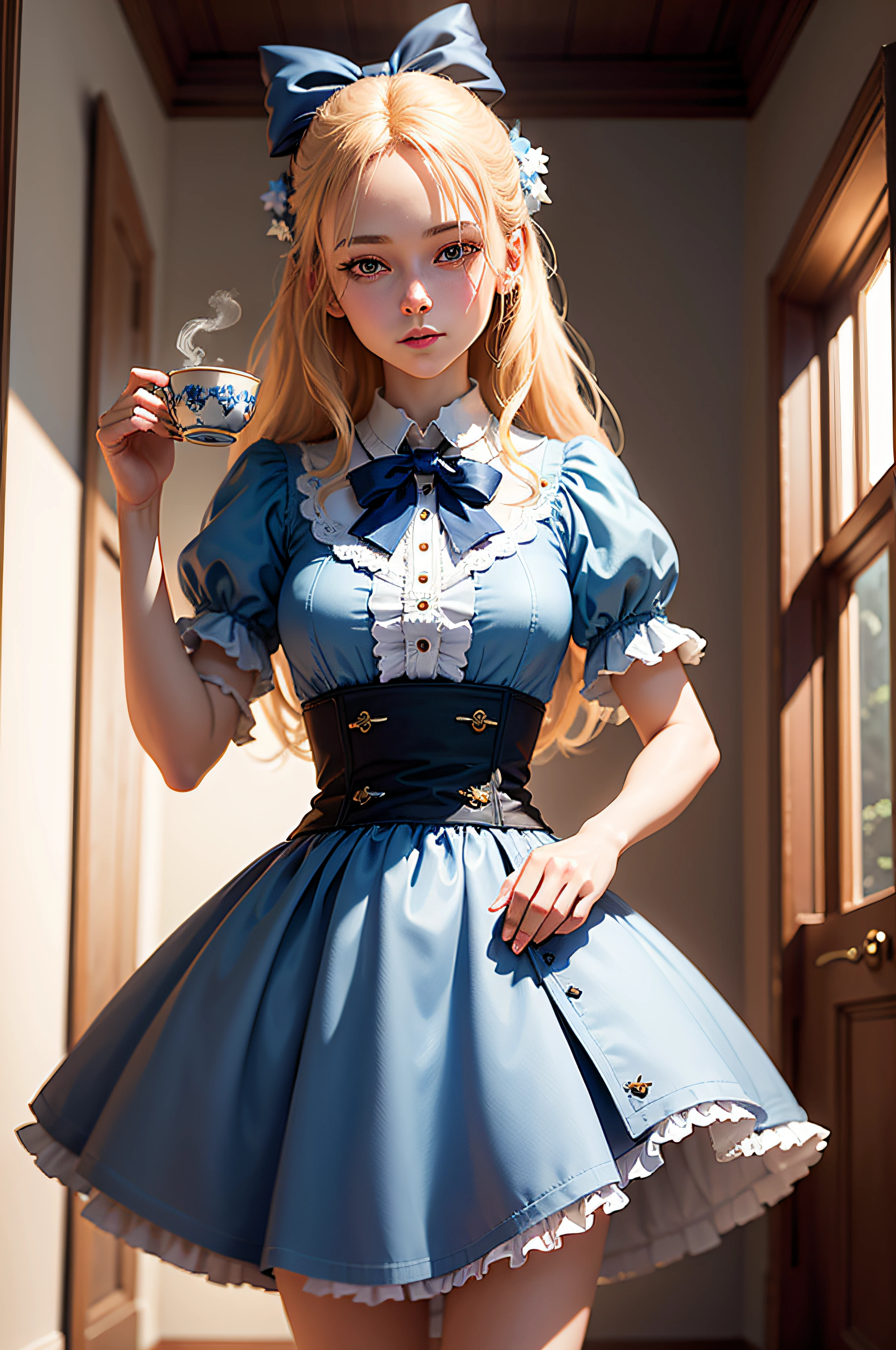 ((best quality)), ((masterpiece)), (detailed), (detailed CG unity 8k wallpaper), (realistic), skinny hands, blond hair with blue bow, blue and white clothes, sensual aura, drinking tea, Alice in Wonderland Theme, gothic,