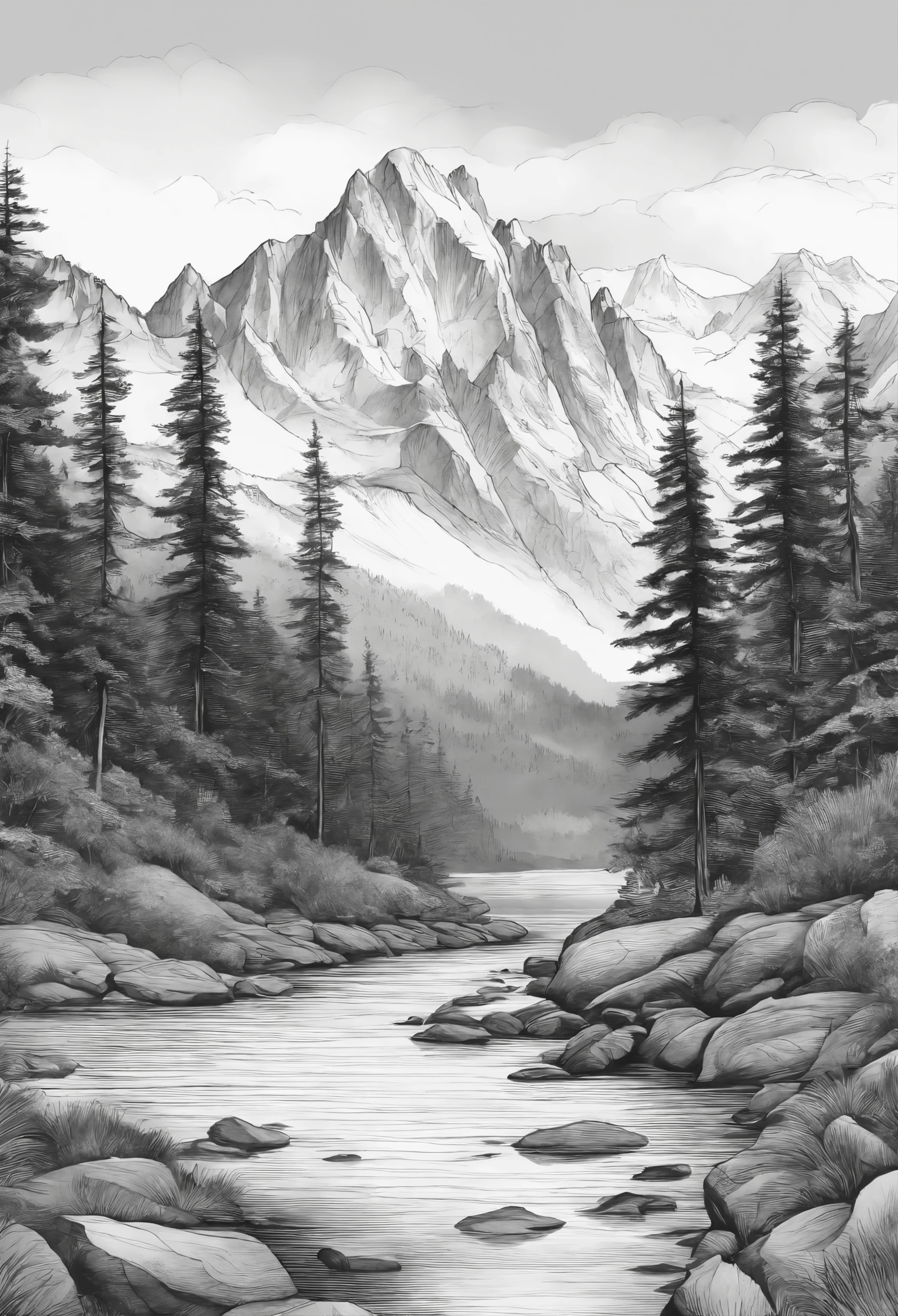 Nature landscapes of mountains, sea, waterfalls, watercolor, black and white outline, coloring book, white background, line drawing