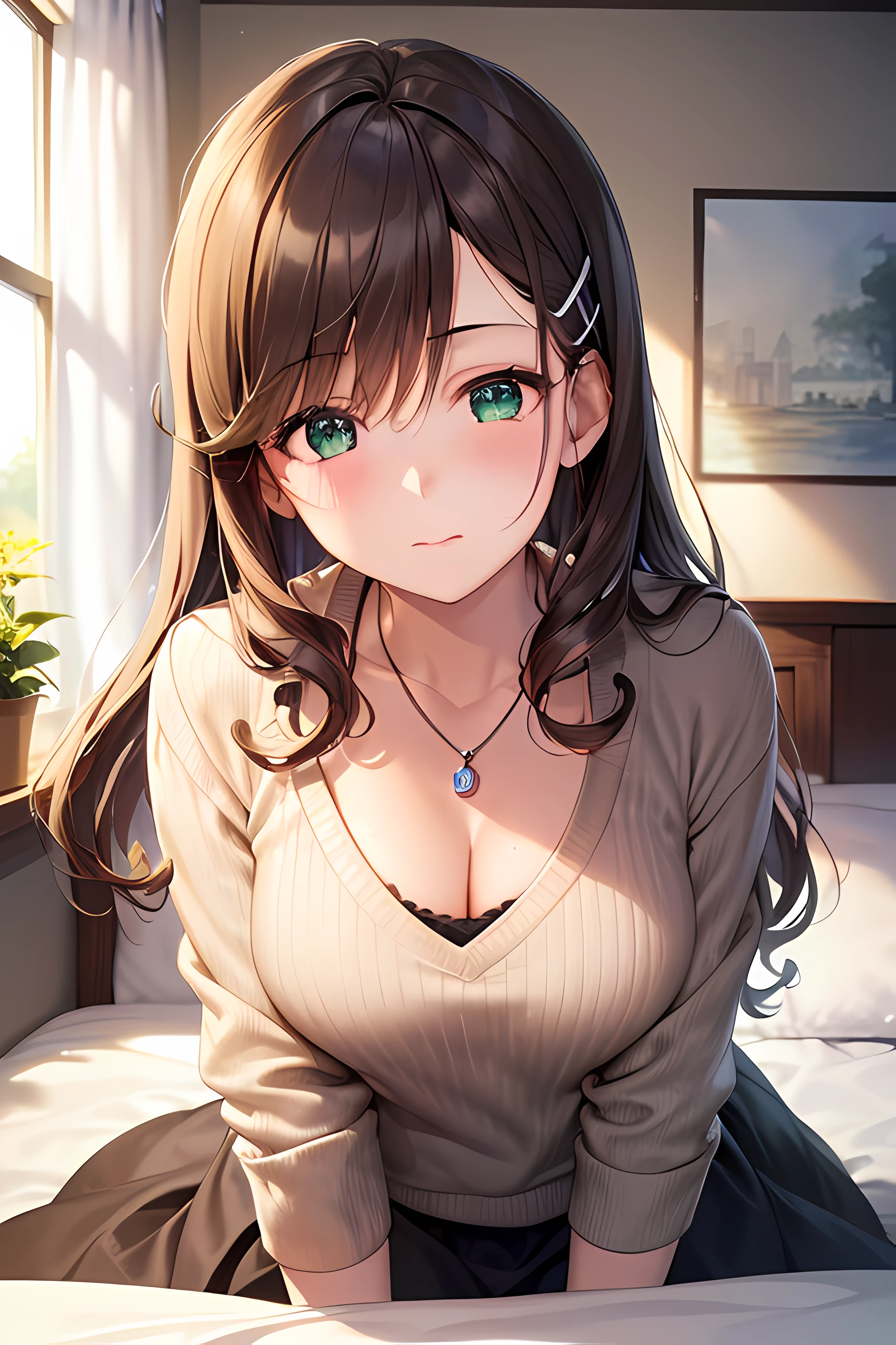 nozomitoujou, nozomi toujou, green eyes, brown hair, curly hair, large breasts, masterpiece, best quality, high resolution, beautiful detailed eyes, extremely detailed face, good lighting, detailed CG, messy hair, glossy lips, worried, living room, knit sweater, lace panties