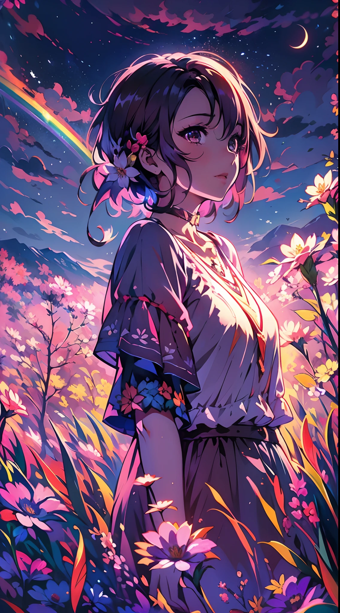 A wide landscape photo, (viewed from below, the sky is above, and the open field is below), a girl standing on a flower field looking up, (full moon: 1.2), (meteor: 0.9), (nebula: 1.3), distant mountains , Trees BREAK Crafting Art, (Warm Light: 1.2), (Firefly: 1.2), Lights, Lots of Purple and Orange, Intricate Details, Volumetric Lighting BREAK (Masterpiece: 1.2), (Best Quality), 4k, Ultra Detailed, (Dynamic Composition: 1.4), Rich in Detail and Color, (Rainbow Color: 1.2), (Glow, Atmospheric Lighting), Dreamy, Magical, (Solo: 1.2)