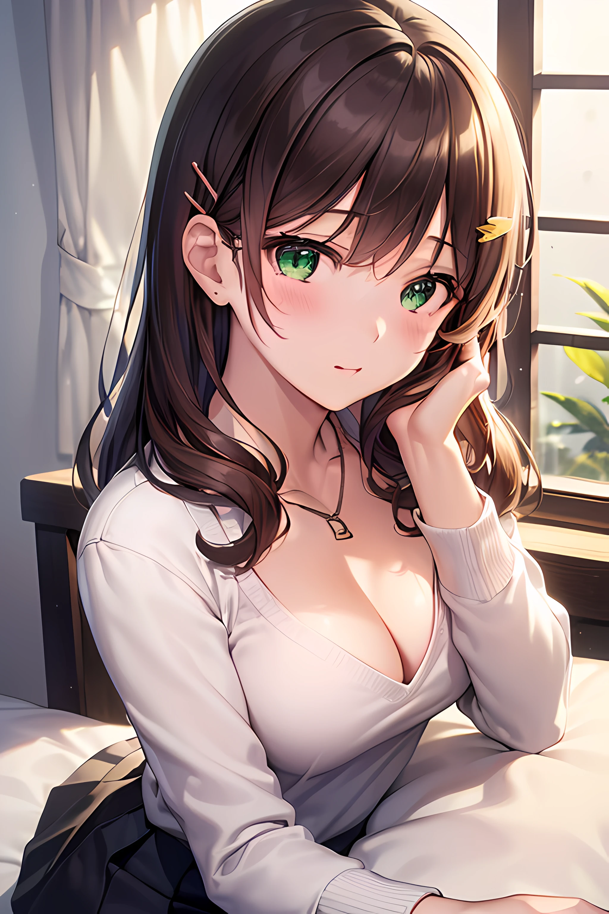 (masterpiece, best quality, highres, UHD, perfect pixel, depth of field, 4k, RTX, HDR))), (Yumegatari), 1girl, single, solo, beautiful anime girl, beautiful artstyle, anime character, 24 years old, ((long hair, bangs, dark brown hair, curly hair:1.2, hair pin)), ((detailed face, blushing:1.2)), ((detailed eyes, green eyes:1.8, sparkling effect, detailed eyelashes, beautiful eyelashes)), ((smooth texture:0.75, realistic texture:0.55, anime CG style)), ((medium breasts, cleavage)), dynamic angle, busty, perfect body, ((close up, POV, portrait, cute)), ((sleeping on the bed, supine on the bed, hands over head)), ((white sweater, skirt, sliver necklace)), morning scene, natural light, (indoor, bedroom, beside the window)