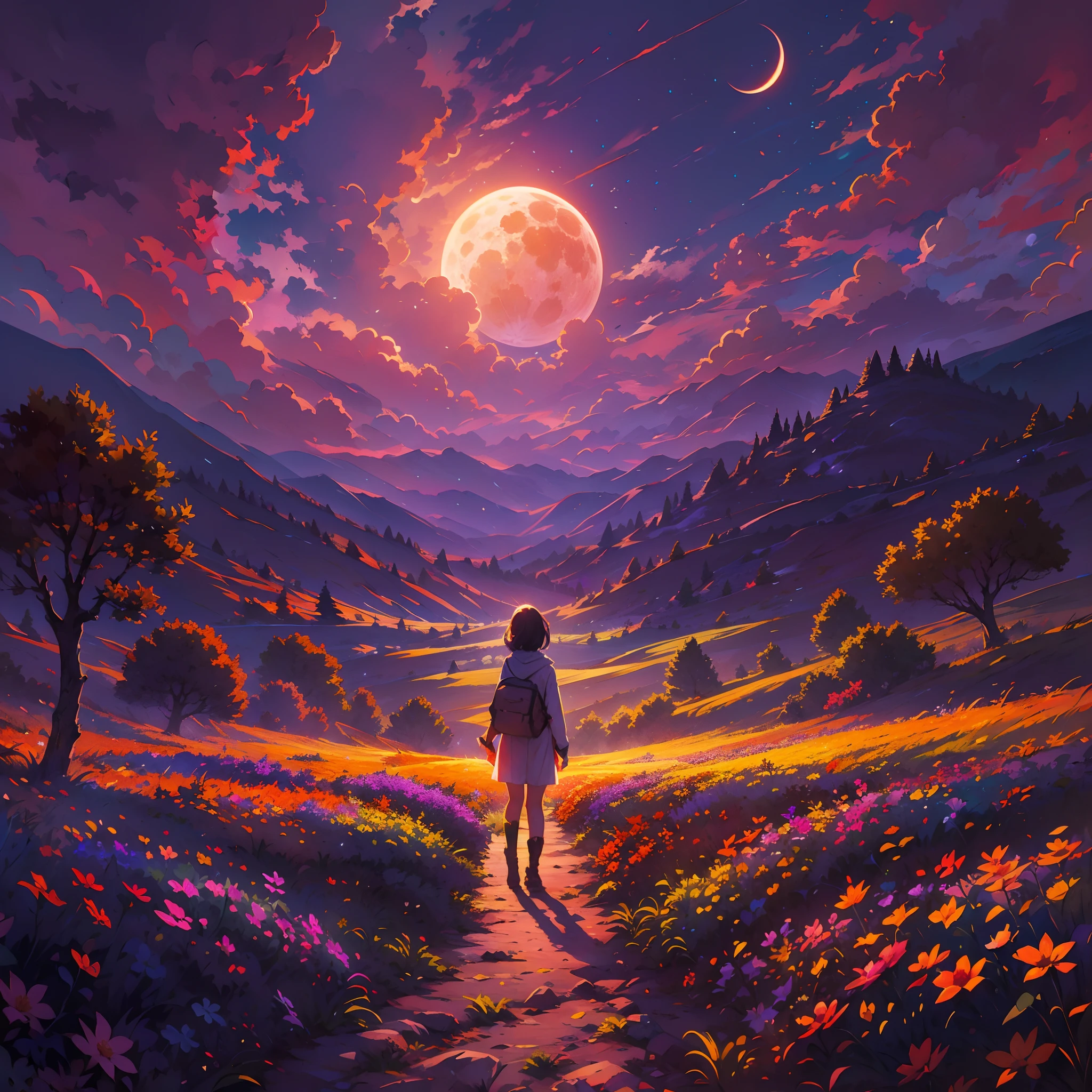 A wide landscape photo, (viewed from below, the sky is above, and the open field is below), a girl standing on a flower field looking up, (full moon: 1.2), (meteor: 0.9), (nebula: 1.3), distant mountains , Trees BREAK Crafting Art, (Warm Light: 1.2), (Firefly: 1.2), Lights, Lots of Purple and Orange, Intricate Details, Volumetric Lighting BREAK (Masterpiece: 1.2), (Best Quality), 4k, Ultra Detailed, (Dynamic Composition: 1.4), Rich in Detail and Color, (Rainbow Color: 1.2), (Glow, Atmospheric Lighting), Dreamy, Magical, (Solo: 1.2)