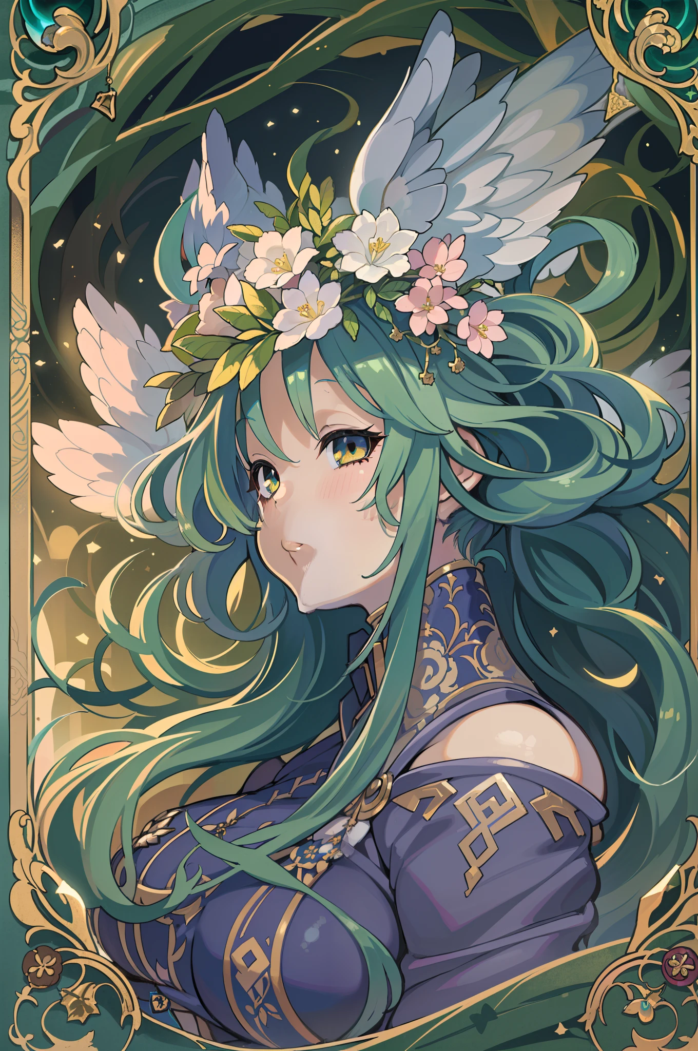 ( of the highest quality, Best Quality, Official art, Beautiful and aesthetic:1.2), (1girl in:1.3), (Fractal Art:1.3), The card, tarot, Green hair, Twin braids, Hair Flower, (good lighting:1.1), ((hight resolution)), Tarot card style,(((huge-breasted)))、thick thight、big butts、Angel wings