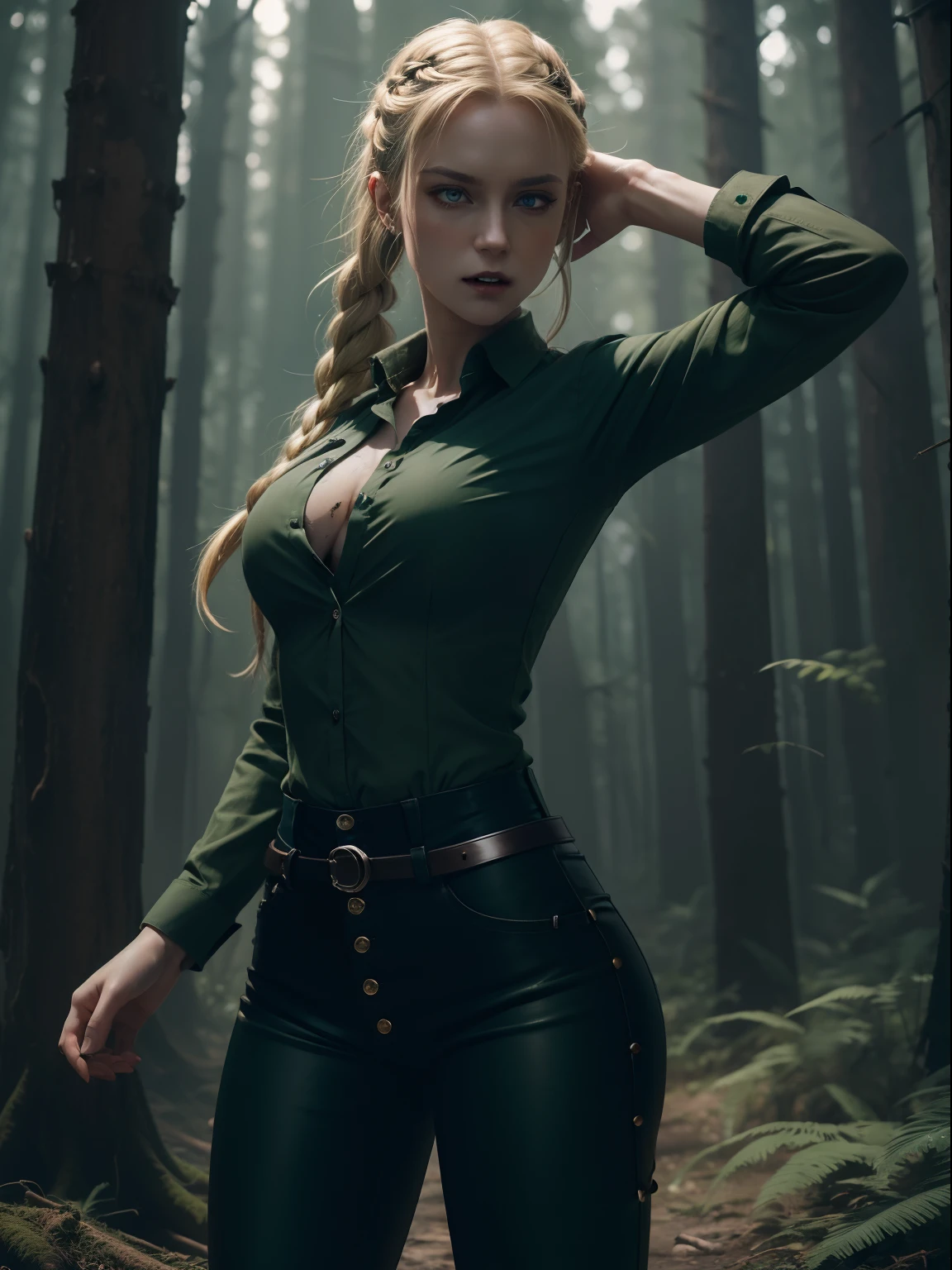 (A beautiful 25 years old British female vampire mercenary:1.4), (single-braided blonde hair:1.2), (pale skin), (detailed dirty skin:1.4), (serious face), (wearing dark green loose button shirt and black tight pants:1.4), (waist up shot:1.2), view from front, (dynamic action pose:1.2), (chiaroscuro lighting:0.8), (pine forest at night:1.2), photo realism, intricate face detail, intricate hand details, highly detailed, vibrant colors, cinematic, 8k, trending on Artstation--style raw