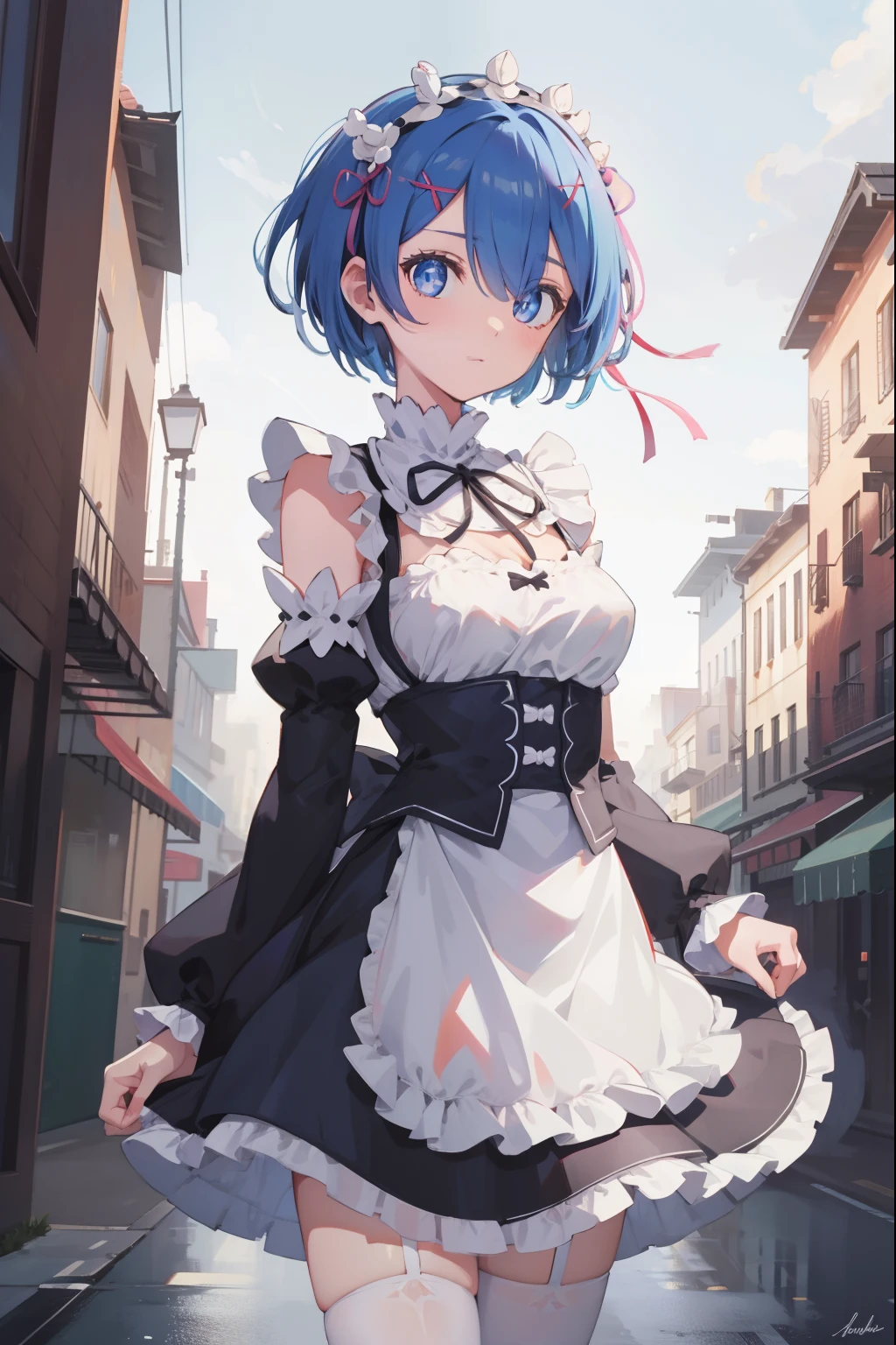 rezerorem, rem, blue eyes, blue hair, hair ornament, hair over one eye, hair ribbon, short hair, x hair ornament,
BREAK apron, black ribbon, black skirt, black sleeves, detached collar, detached sleeves, flower, frilled apron, frilled skirt, frills, head wreath, long sleeves, maid, miniskirt, neck ribbon, purple ribbon, ribbon, ribbon trim, ribbon-trimmed sleeves, roswaal mansion maid uniform, short hair, skirt, thighhighs, waist apron, white apron, white thighhighs,
BREAK outdoors, city,
BREAK looking at viewer, 
BREAK (masterpiece:1.2), best quality, high resolution, unity 8k wallpaper, (illustration:0.8), (beautiful detailed eyes:1.6), extremely detailed face, perfect lighting, extremely detailed CG, (perfect hands, perfect anatomy),