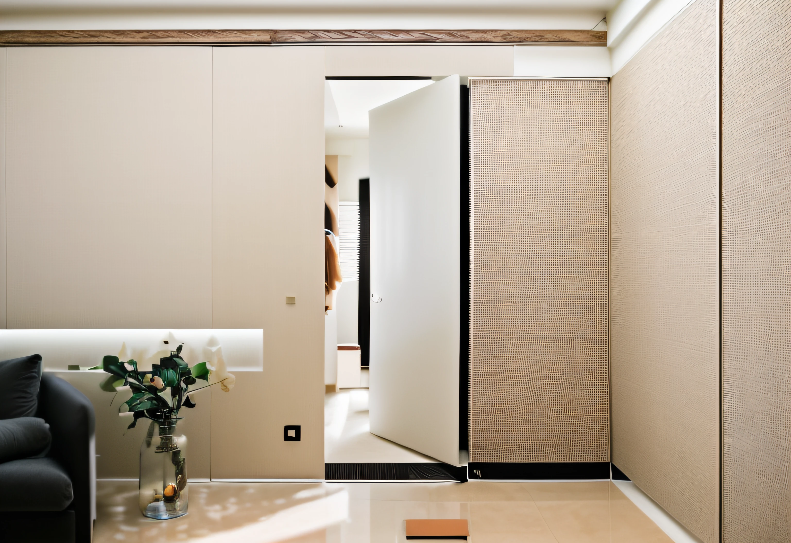 RAW photo, Masterpiece, high quality, best quality, authentic, super detailed, glossy indochina black furniture), minimalist architecture, minimalist bedroom, couch, table, carpet, shelf tv, 1 solid wood door:1.4,((laminated plaster,))), day light)), natural light fromt glass door, archdaily architecture, (high detail: 1.2), 8k uhd, dslr, soft light, high quality, film grain, Fujifilm XT3